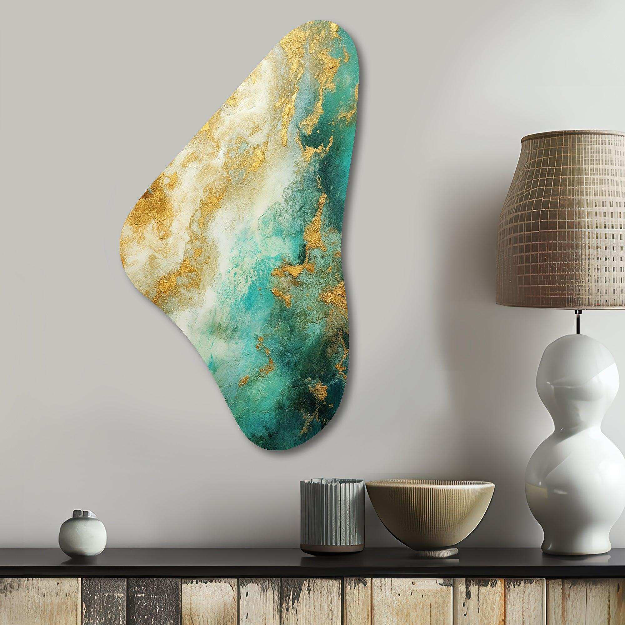 Morning Bliss Gold And Teal Marble Art Gold - Asymmetric Metal Wall Art