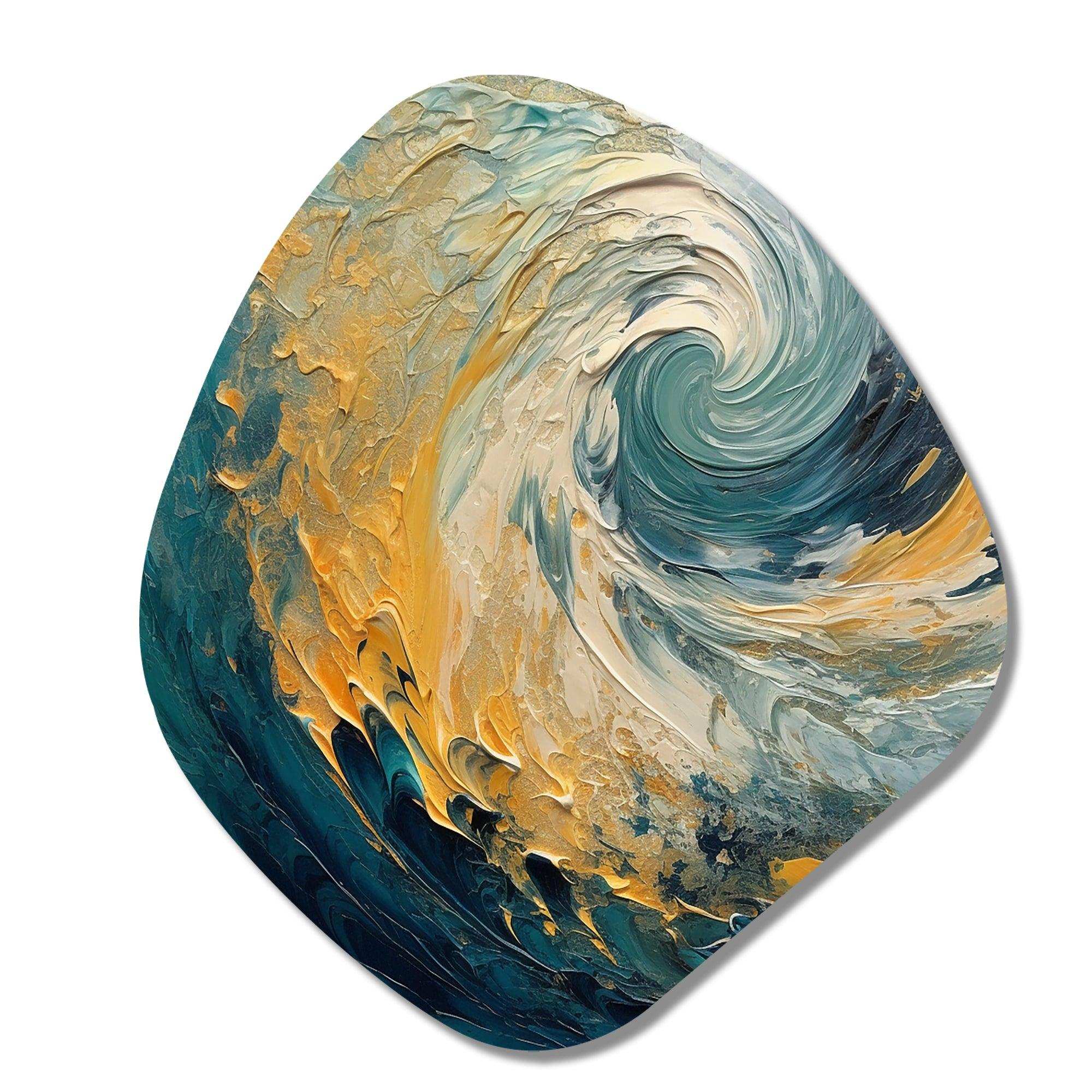 Golden Ocean Spiral Waves Painting - Asymmetric Metal Wall Art