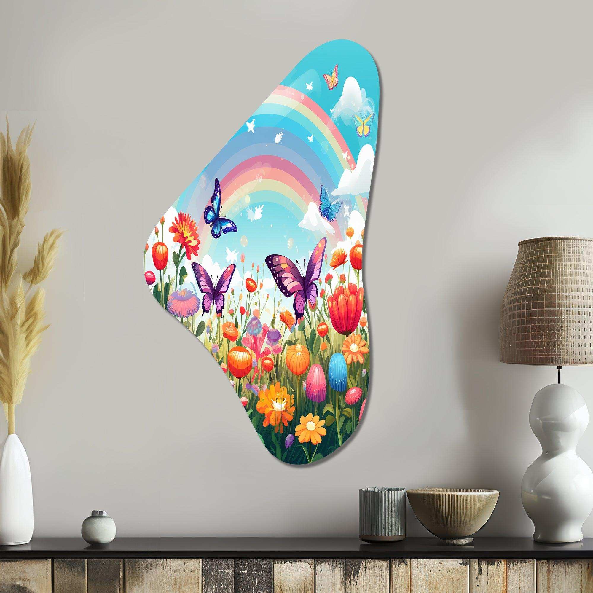 Purple Butterfles Idyllic Rainbow Flowerfield - Asymmetric Metal Wall Art