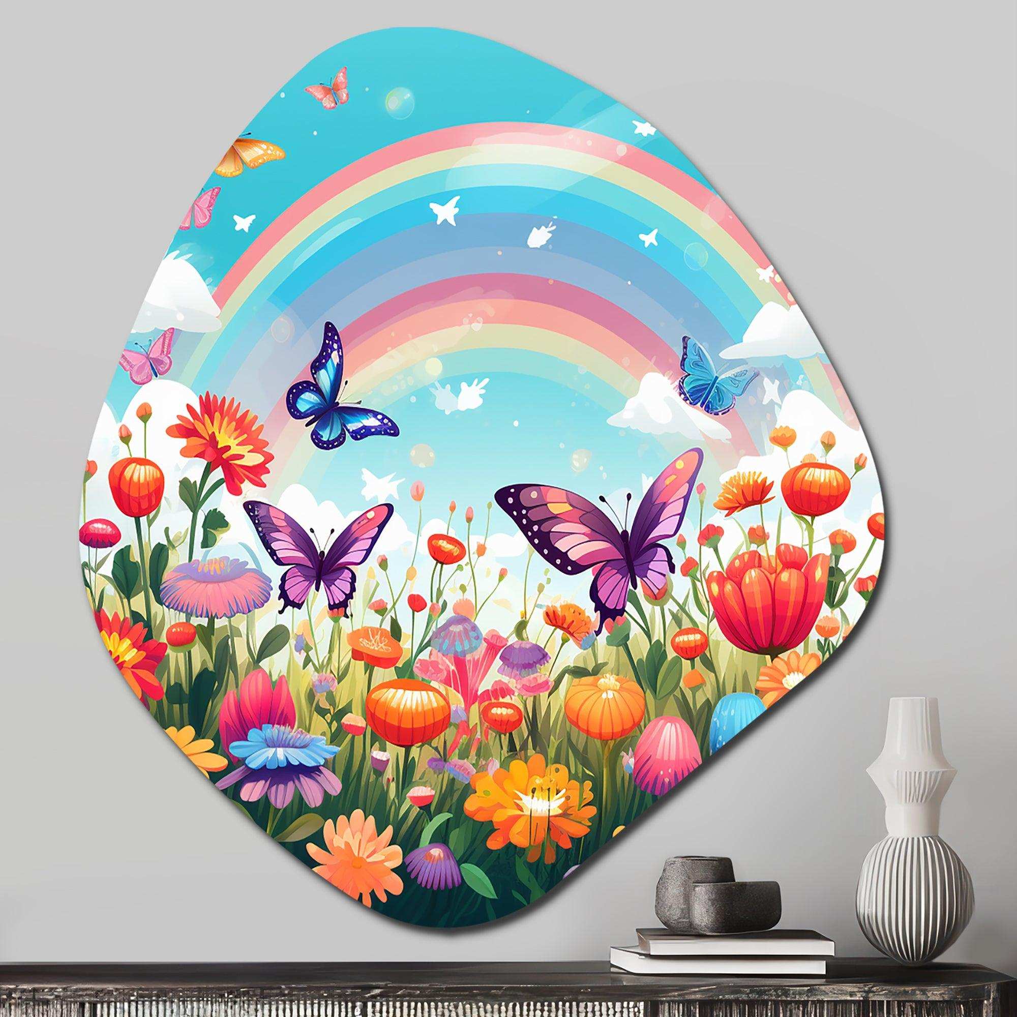 Purple Butterfles Idyllic Rainbow Flowerfield - Asymmetric Metal Wall Art