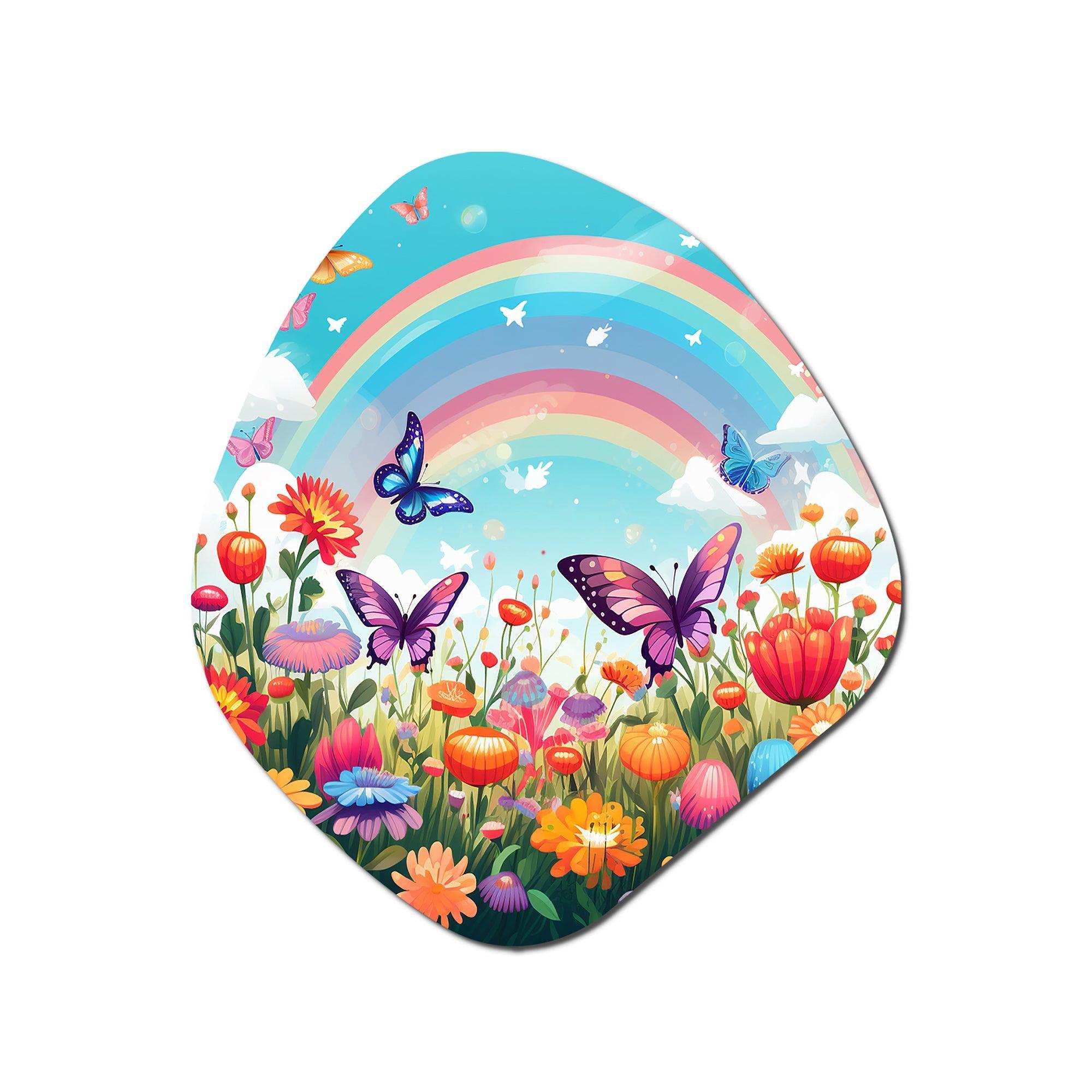 Purple Butterfles Idyllic Rainbow Flowerfield - Asymmetric Metal Wall Art