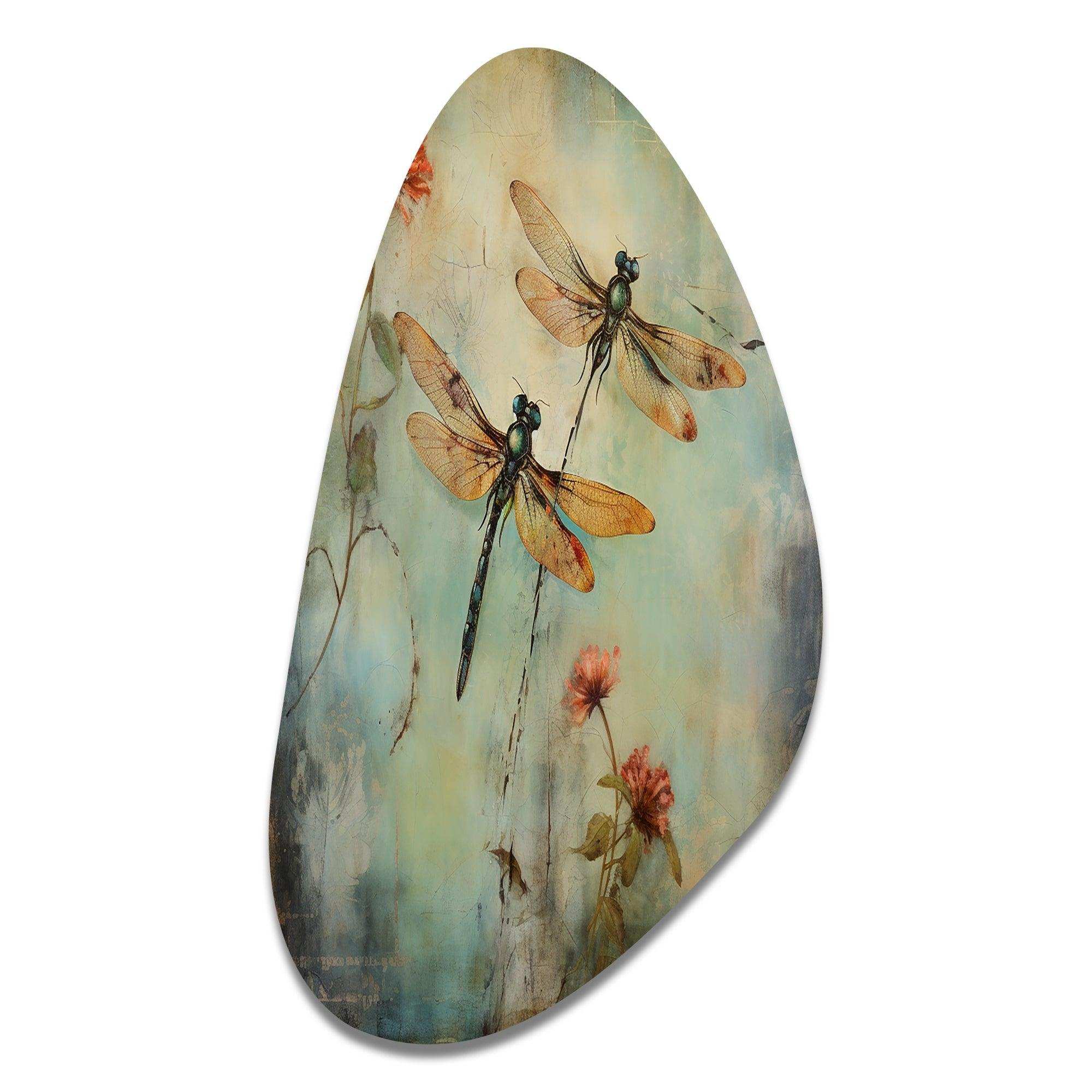Vintage Painting Of Dragonfly Flying - Asymmetric Metal Wall Art