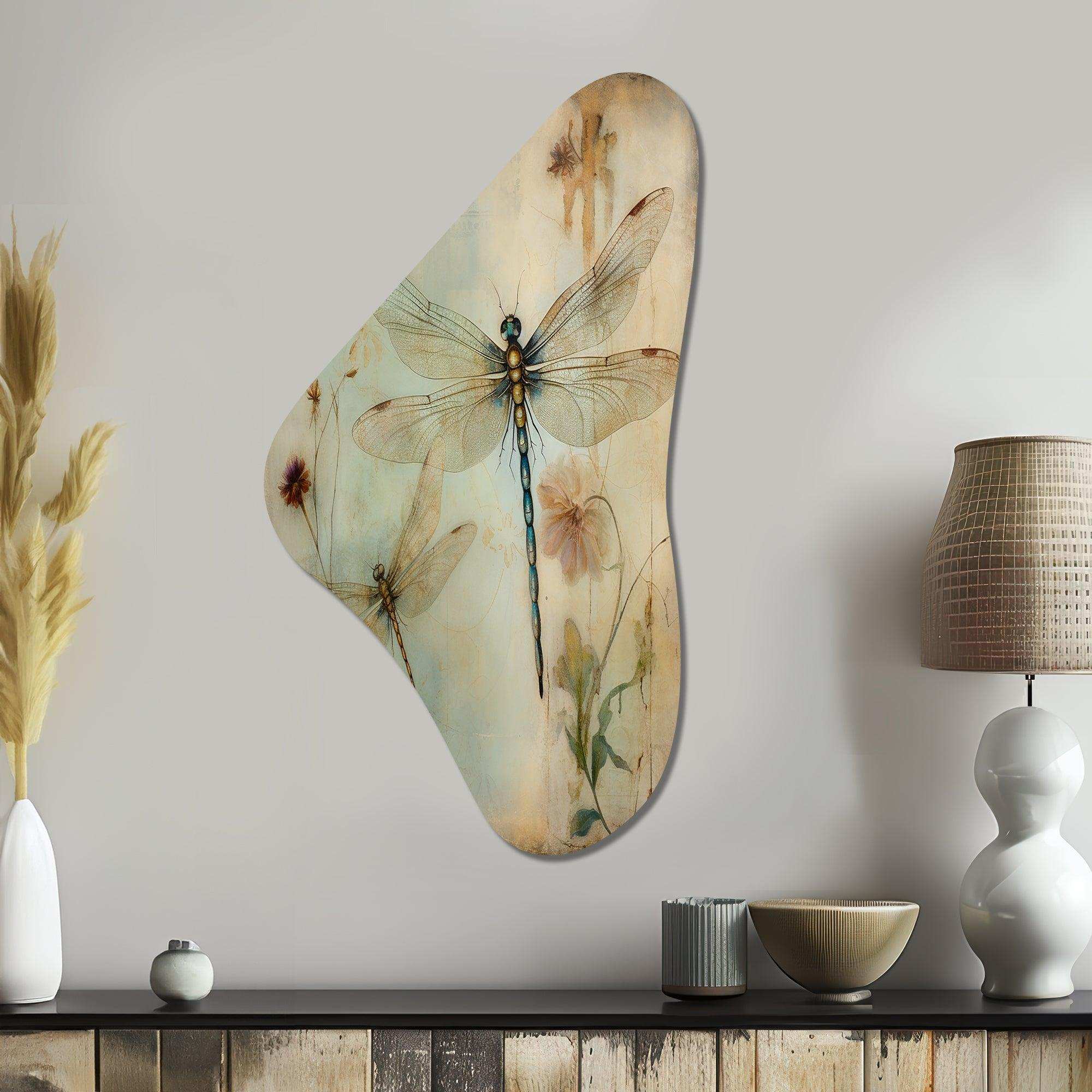Vintage Painting Of Dragonfly Flying I - Asymmetric Metal Wall Art