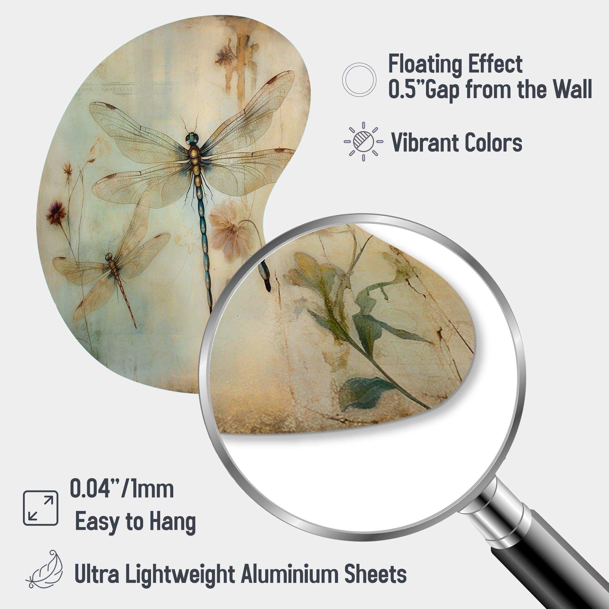 Vintage Painting Of Dragonfly Flying I - Asymmetric Metal Wall Art