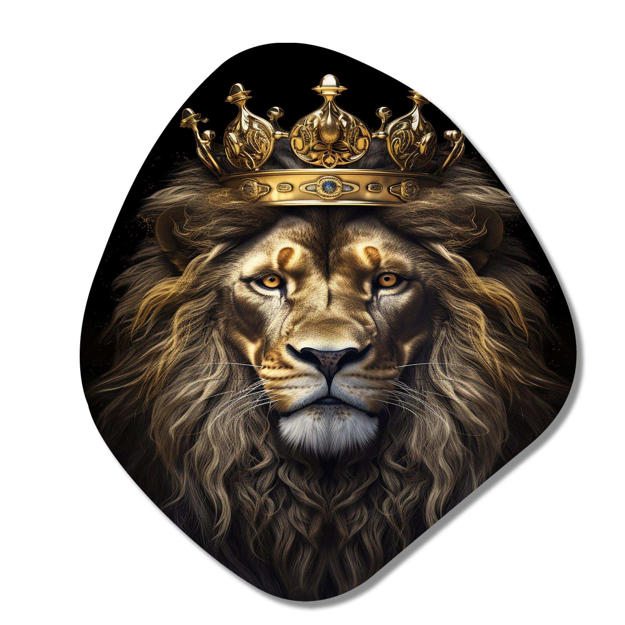 Majestic Lion King With Golden Crown I - Asymmetric Metal Wall Art