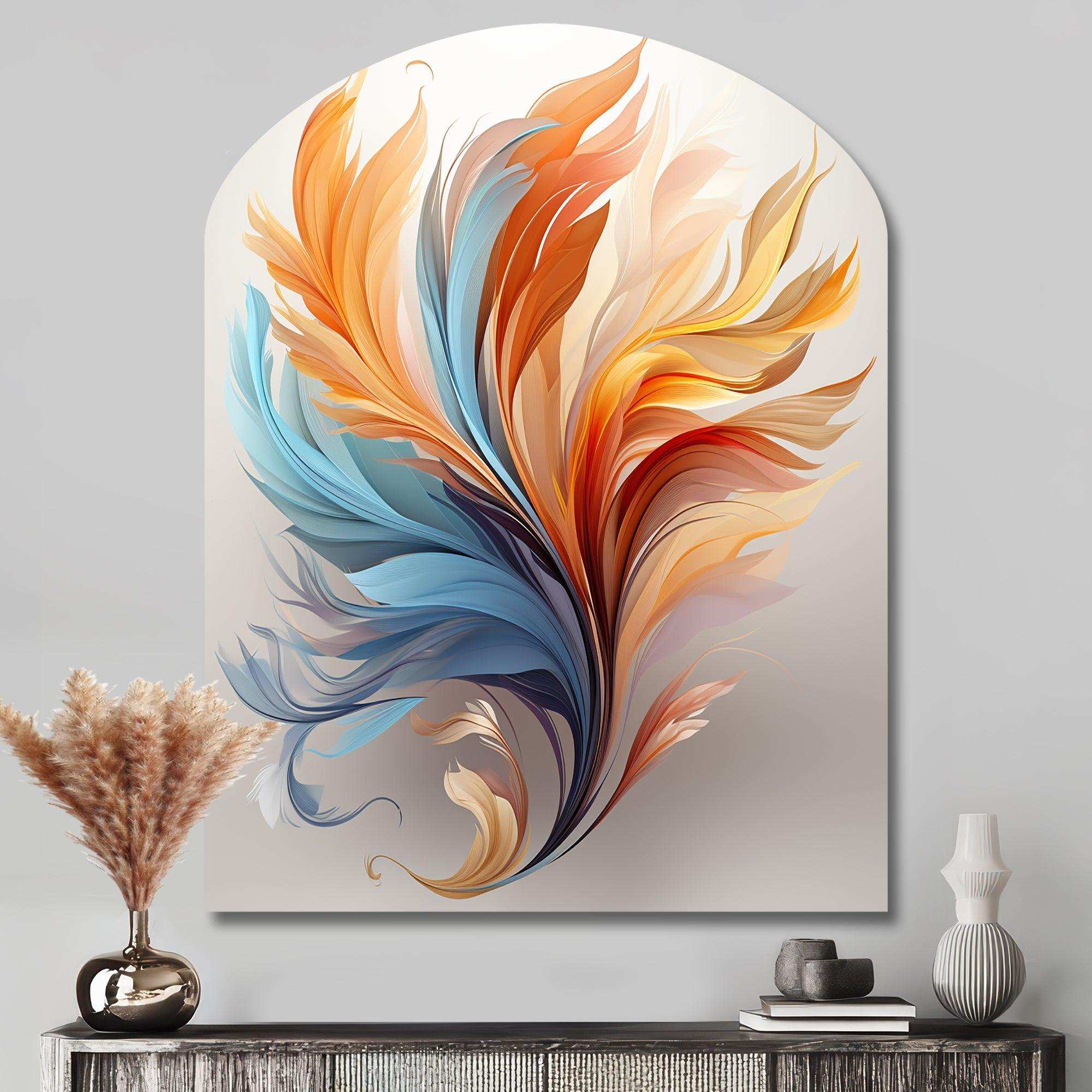 Fractal Boho Feather Amber Orange And Turquoise - Asymmetric Metal Wall Art