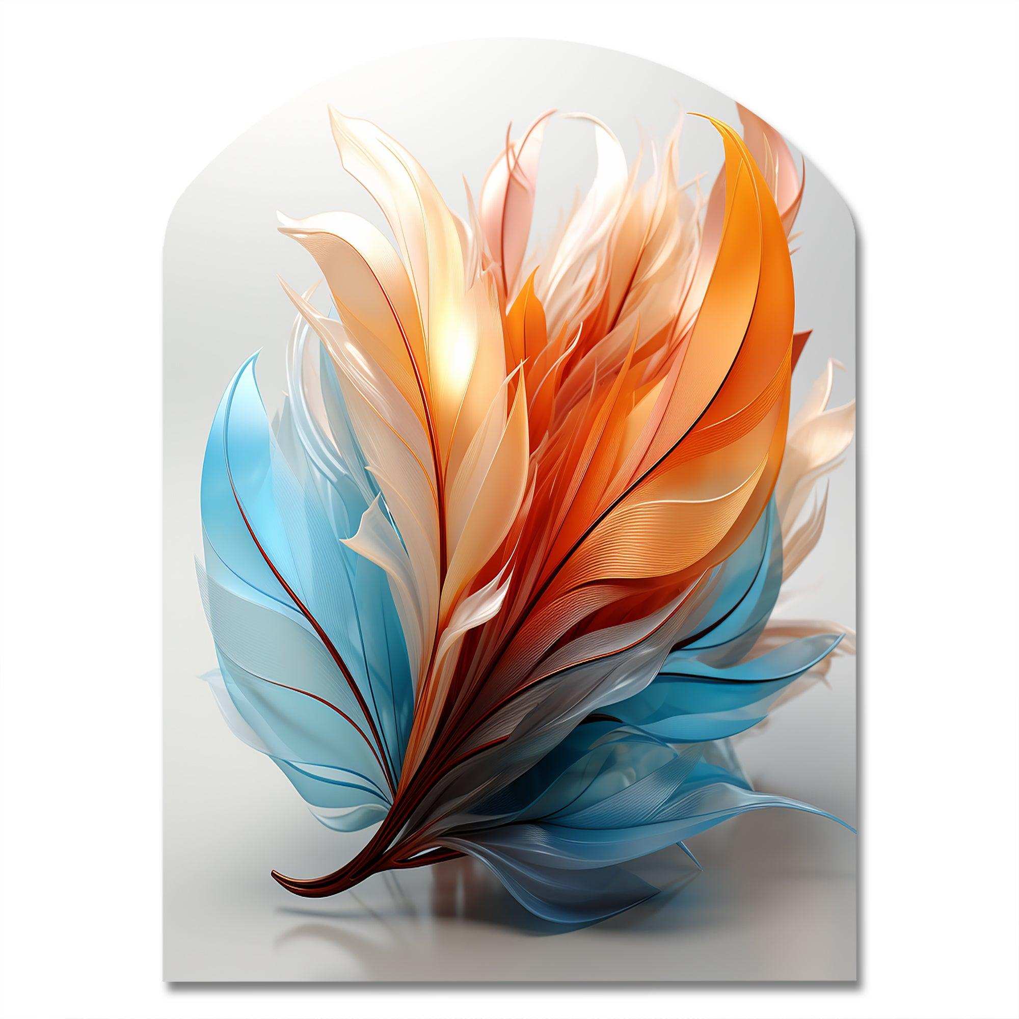 Fractal Boho Feather Amber Orange And Turquoise I - Asymmetric Metal Wall Art