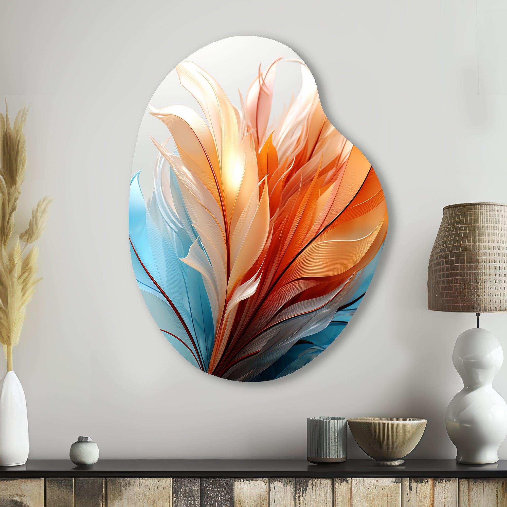 Fractal Boho Feather Amber Orange And Turquoise I - Asymmetric Metal Wall Art