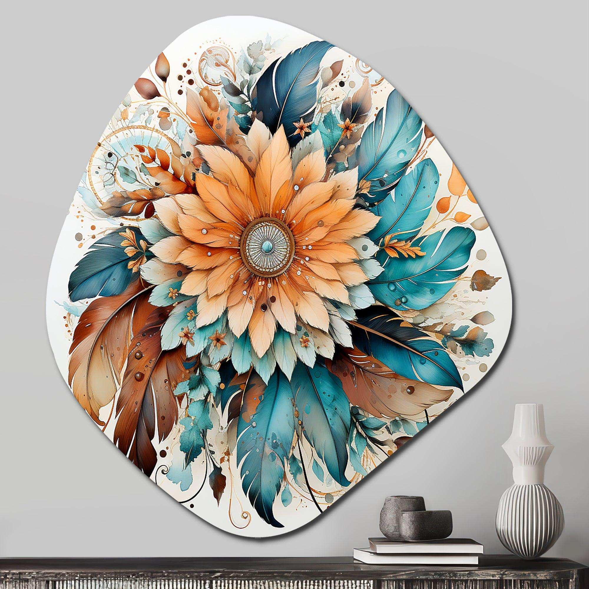 Boho Flowers Bouquet In Blue And Amber Orange I - Asymmetric Metal Wall Art