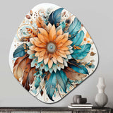 Boho Flowers Bouquet In Blue And Amber Orange I - Asymmetric Metal Wall Art