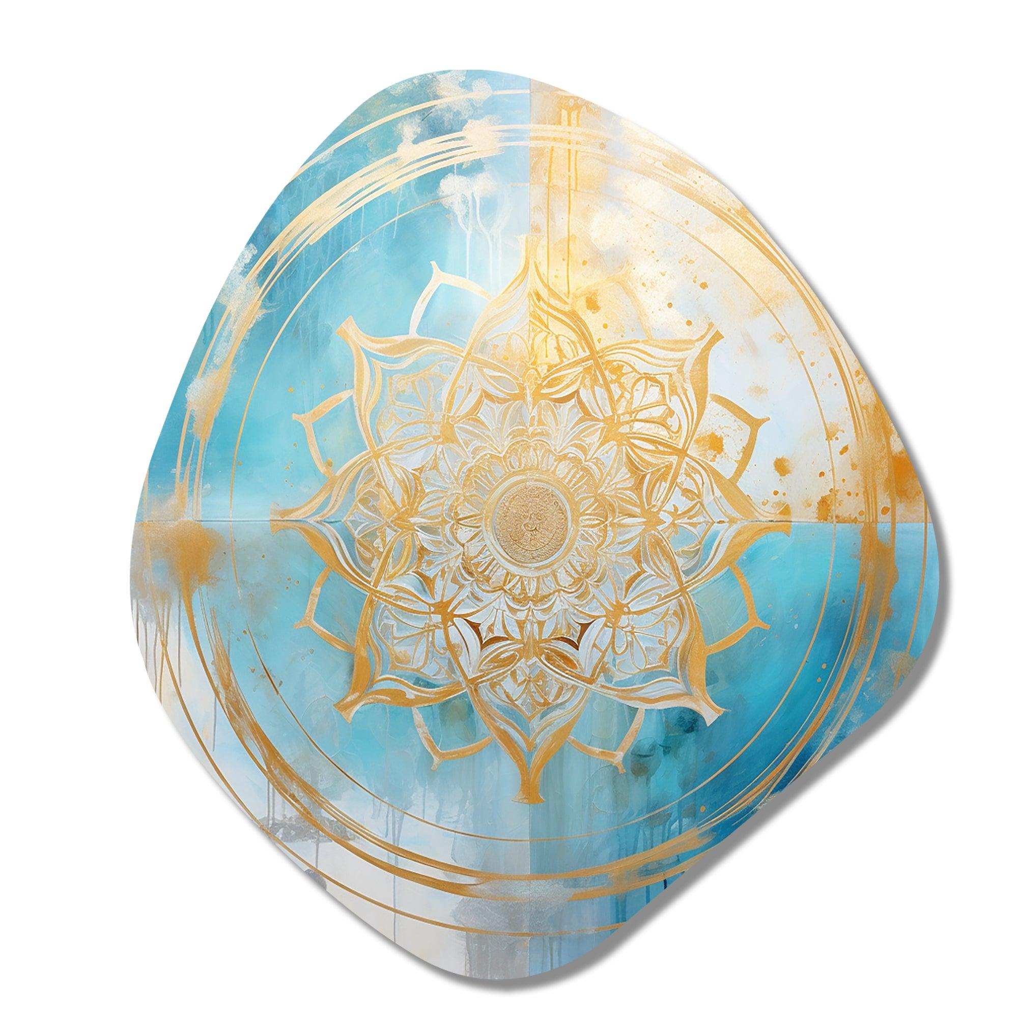 Divine Mandala Delicate Gold Gentle Turquoise - Asymmetric Metal Wall Art