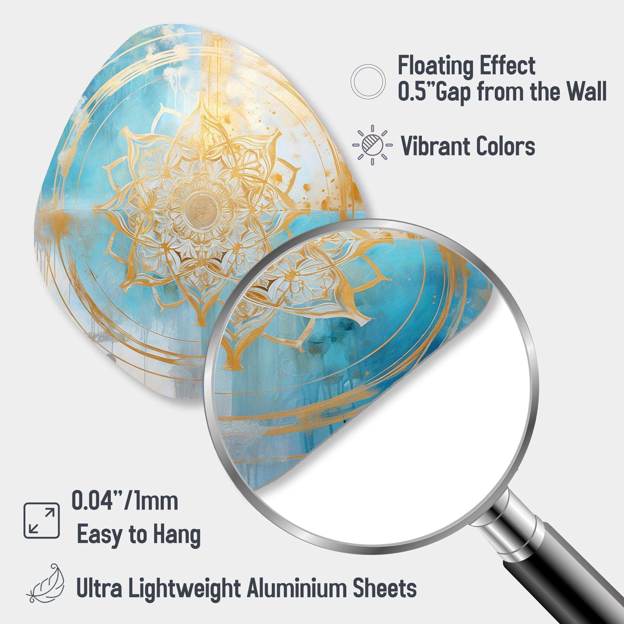 Divine Mandala Delicate Gold Gentle Turquoise - Asymmetric Metal Wall Art