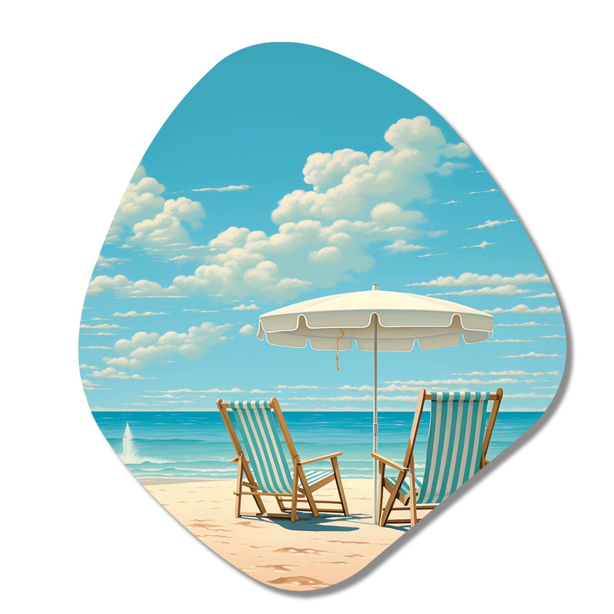 Retro Beach Chairs Under A Clear Blue Sky I - Asymmetric Metal Wall Art