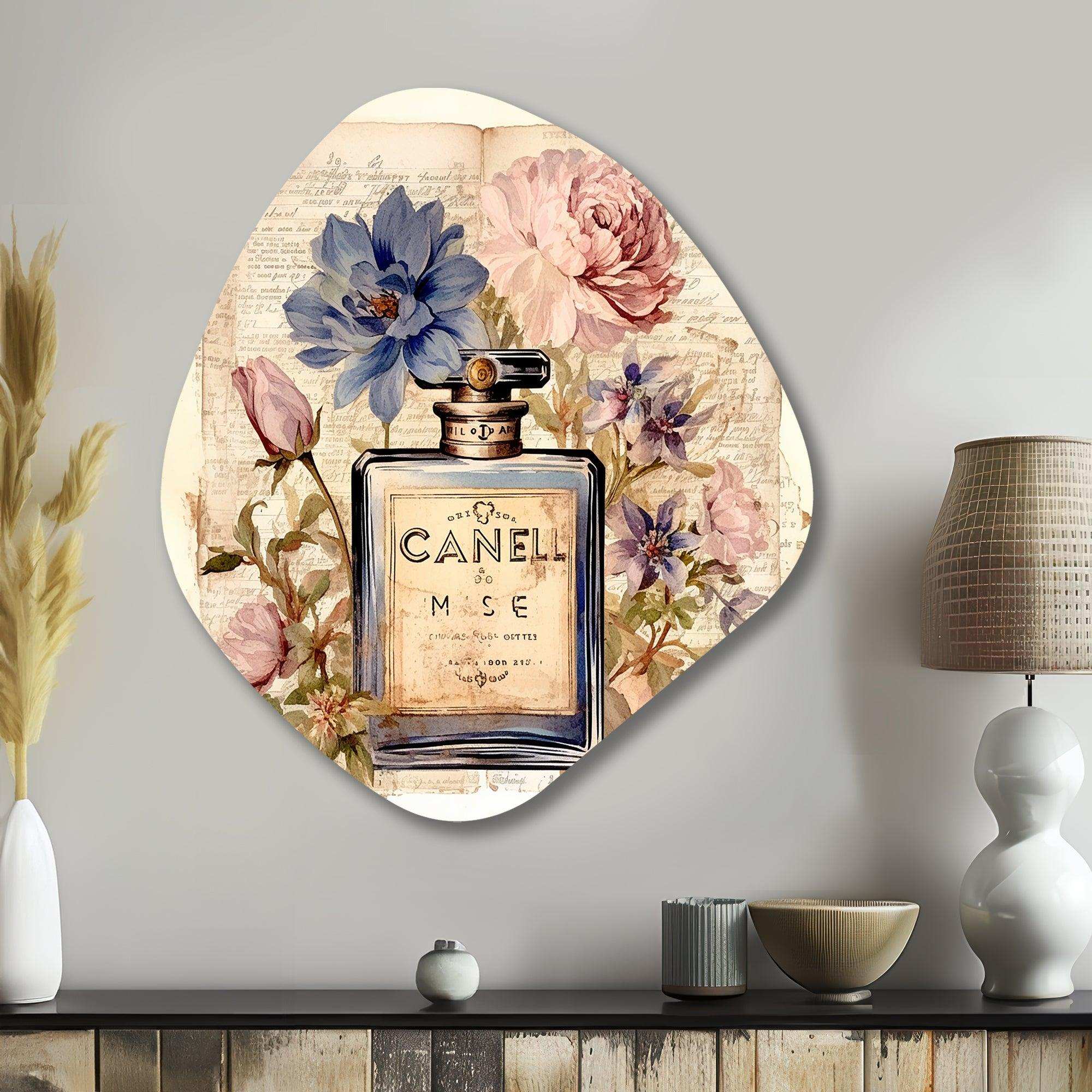 Vintage Perfume Bottle With Blossoming Flowers - Asymmetric Metal Wall Art