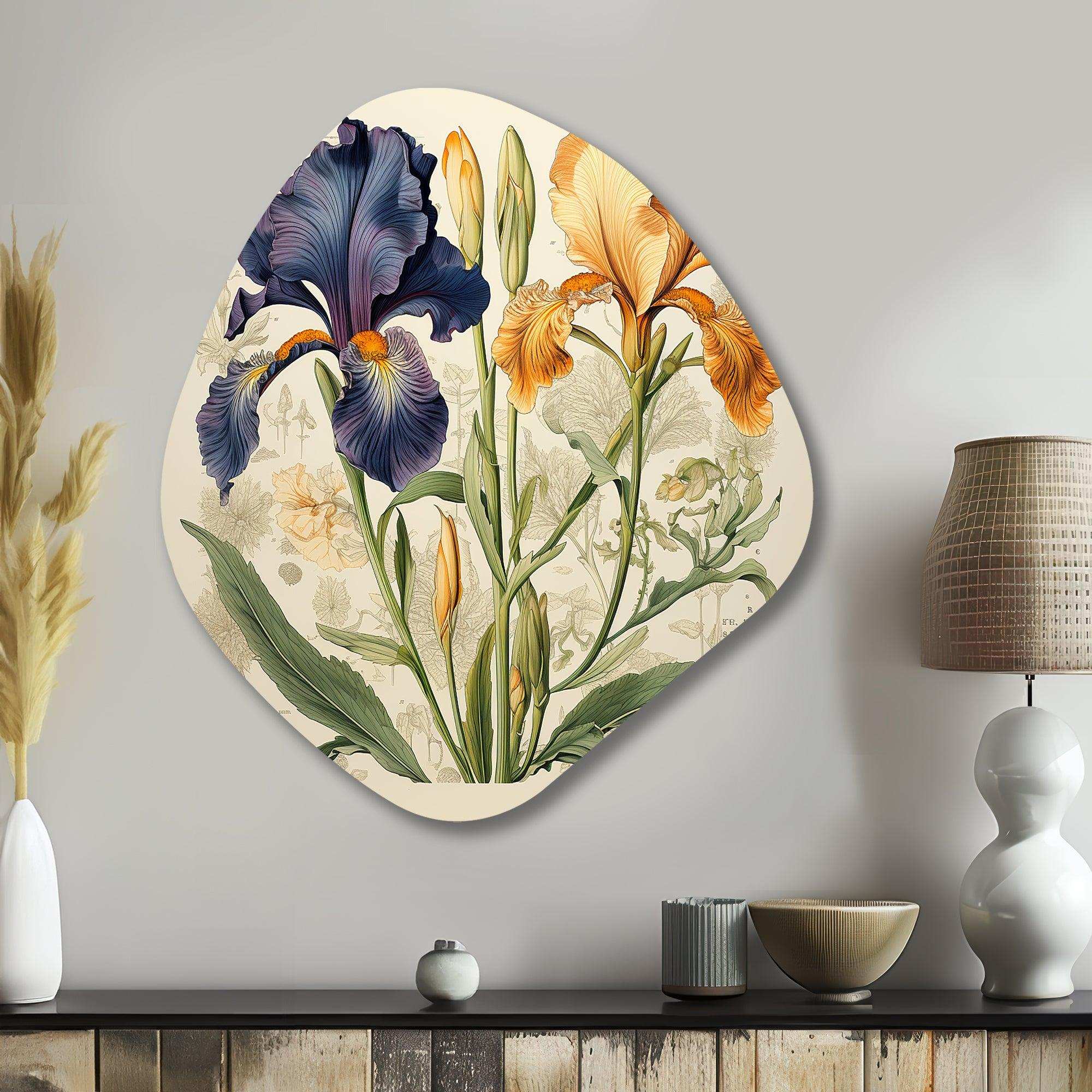 Blue and Gold Iris Vintage Illustration - Asymmetric Metal Wall Art