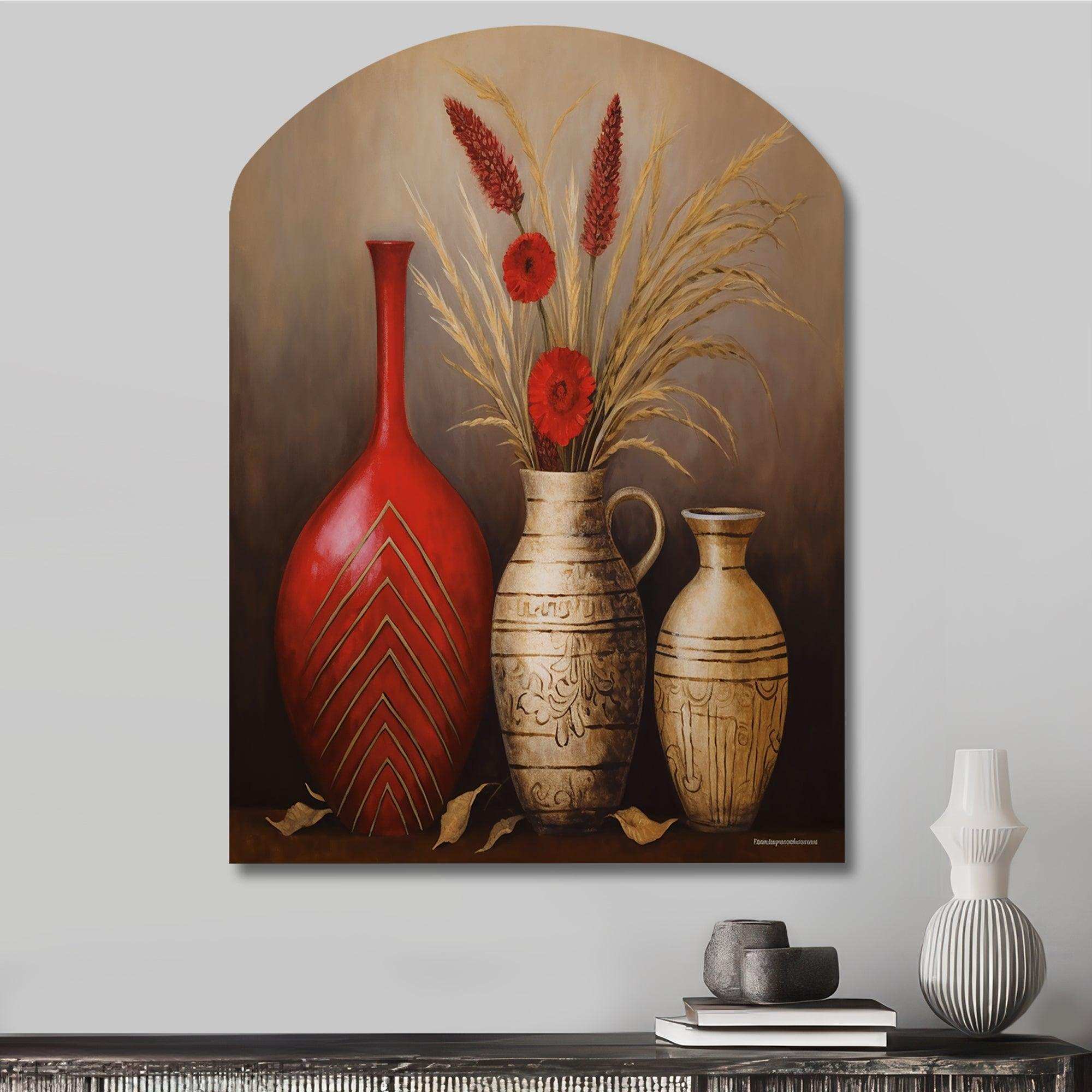 Still Life Red Vase With Wheat And Red Flowers - Asymmetric Metal Wall Art