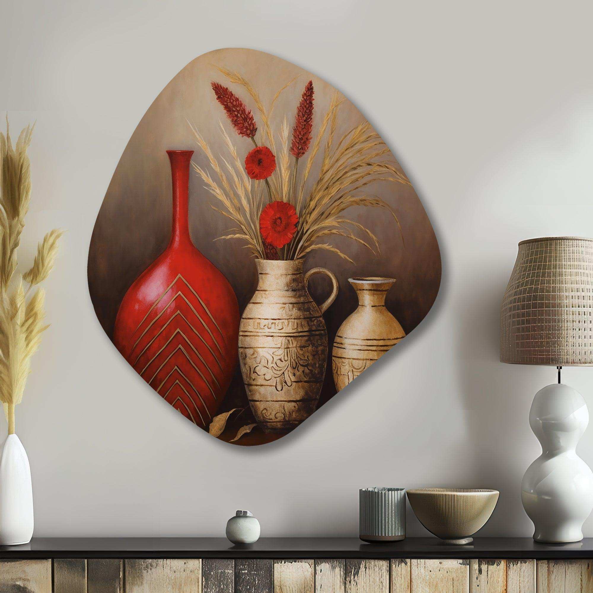Still Life Red Vase With Wheat And Red Flowers - Asymmetric Metal Wall Art