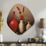 Still Life Red Vase With Wheat And Red Flowers - Asymmetric Metal Wall Art