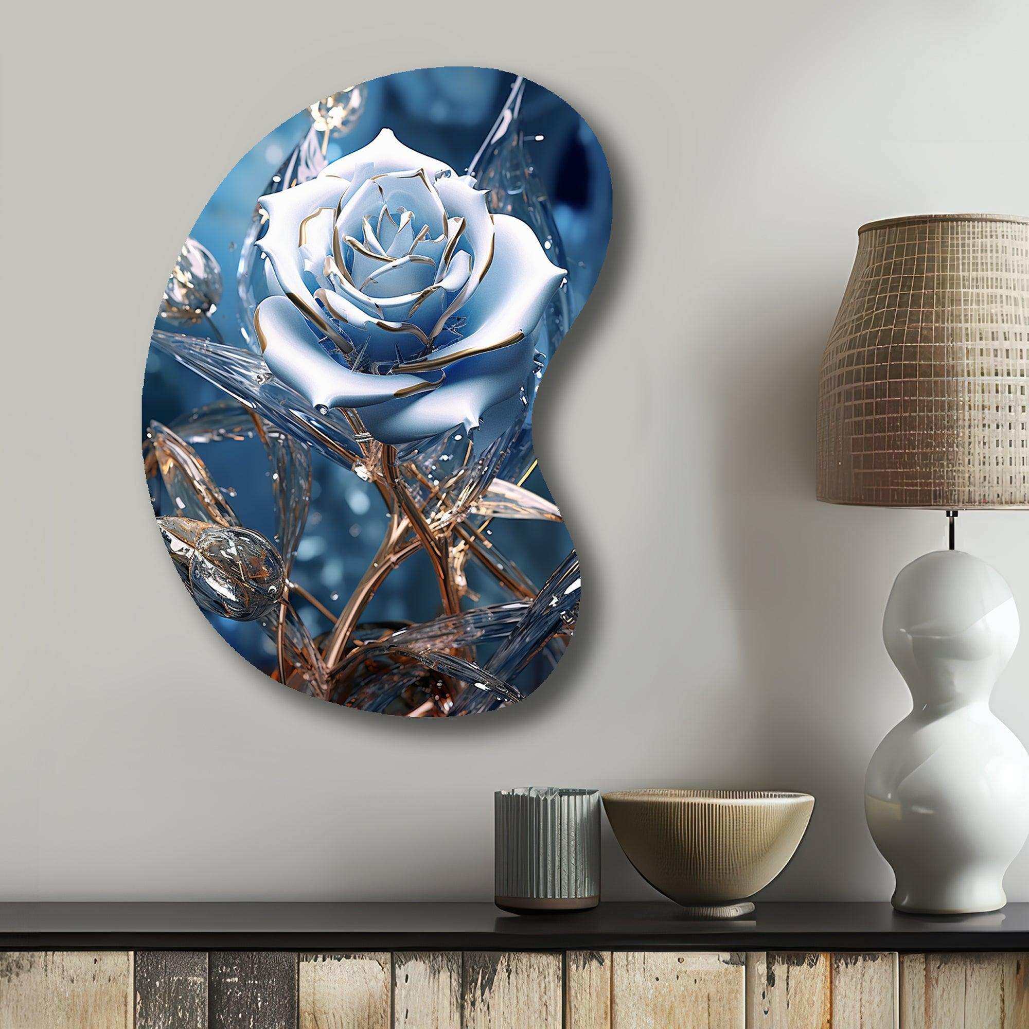 Gilded Blue Rose Shining In The Morning Light - Asymmetric Metal Wall Art