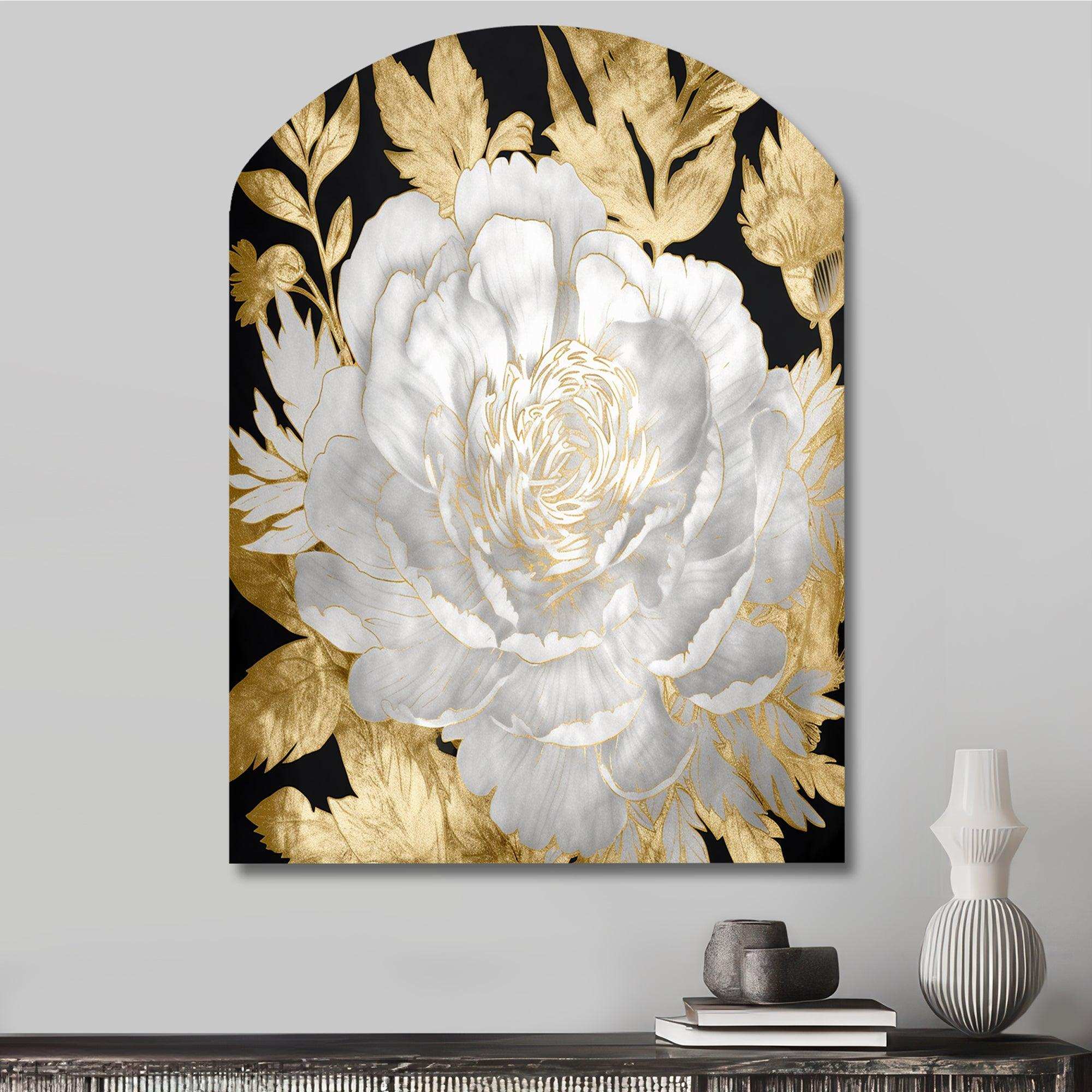 Exquisite White Rose Blooming Floral Gold Glam - Asymmetric Metal Wall Art
