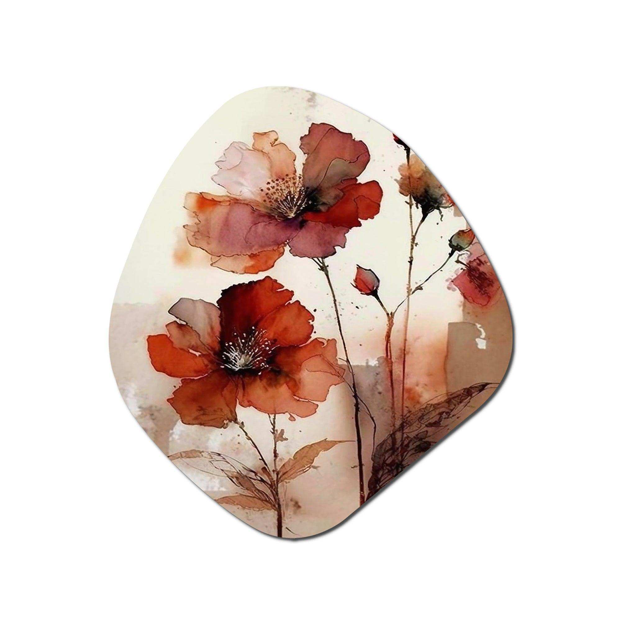 Red Poppy Flowers Delicate Retro Watercolor - Asymmetric Metal Wall Art