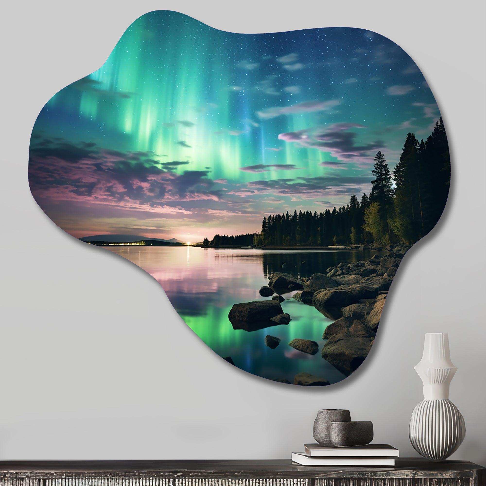 Magical Lake Landscape Aurora Borealis II - Asymmetric Metal Wall Art