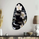Zen Serenity White Flowers Black Stone Cairn - Asymmetric Metal Wall Art