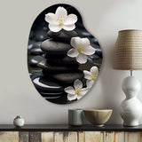 Zen Serenity White Flowers Black Stone Cairn - Asymmetric Metal Wall Art