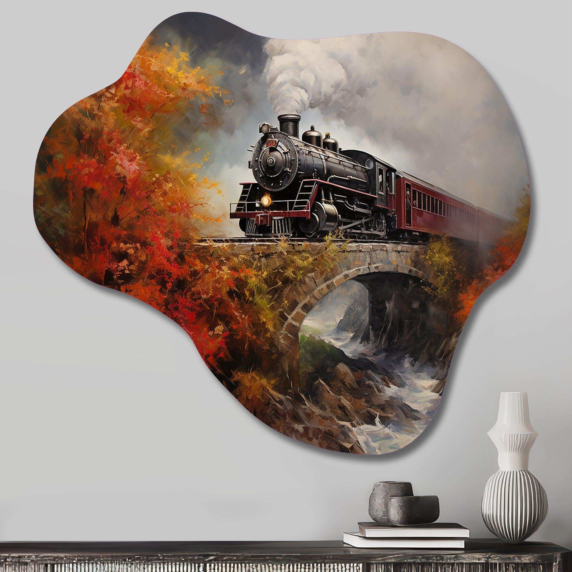 Steamtrain Crossing Autumn Bridge Painting - Asymmetric Metal Wall Art