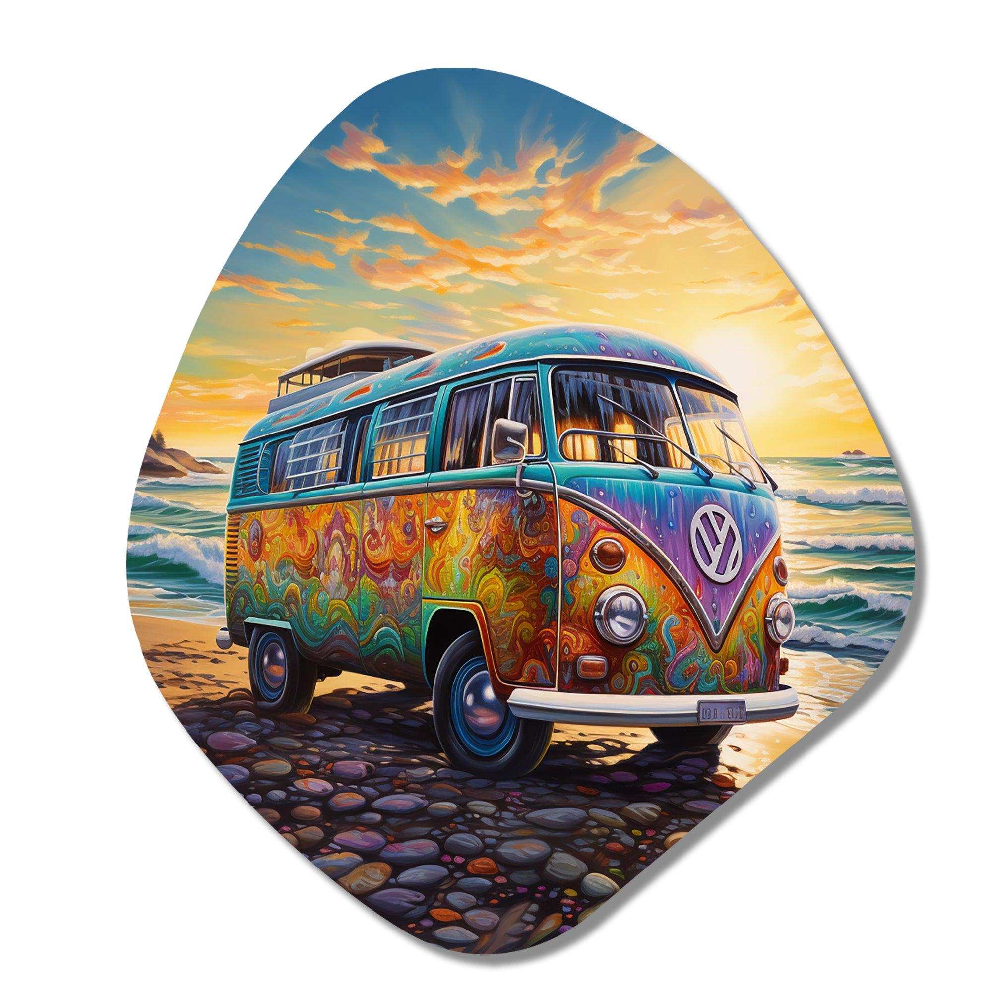 Magic Hippie Bus On The Beach - Asymmetric Metal Wall Art