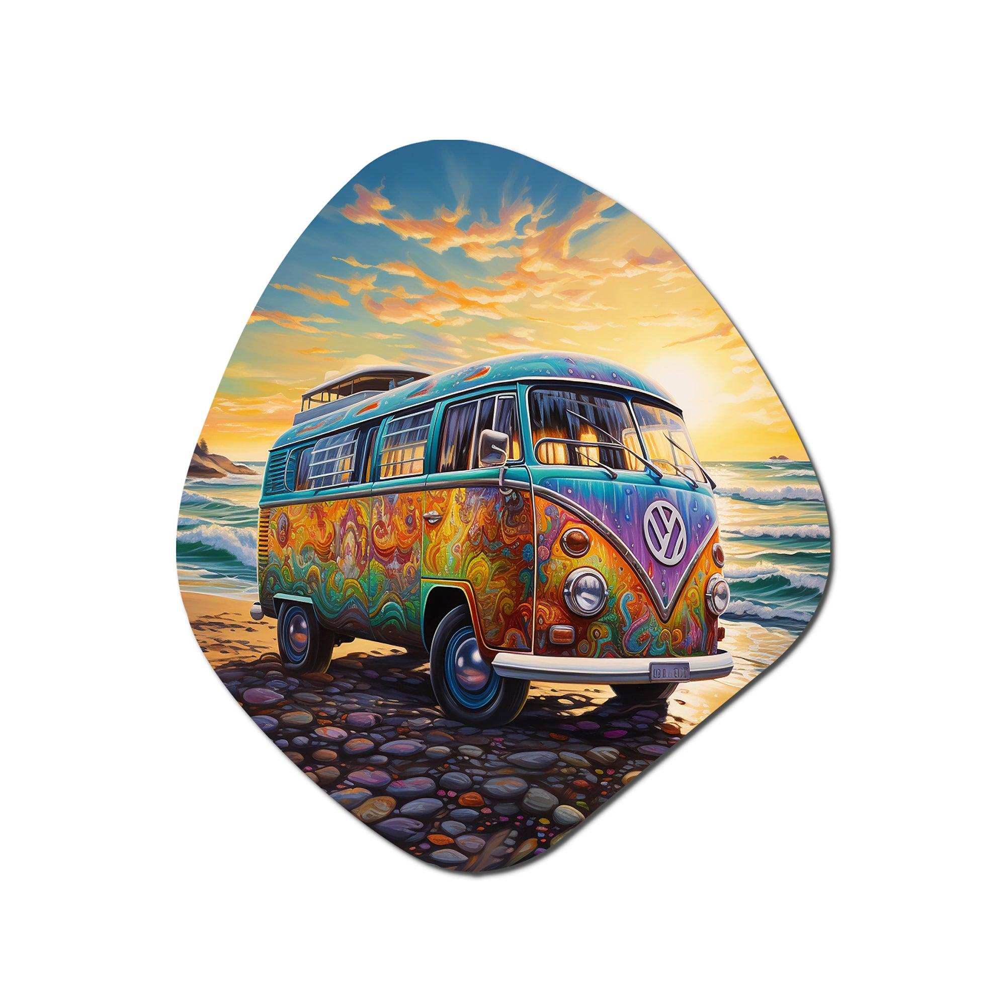 Magic Hippie Bus On The Beach - Asymmetric Metal Wall Art