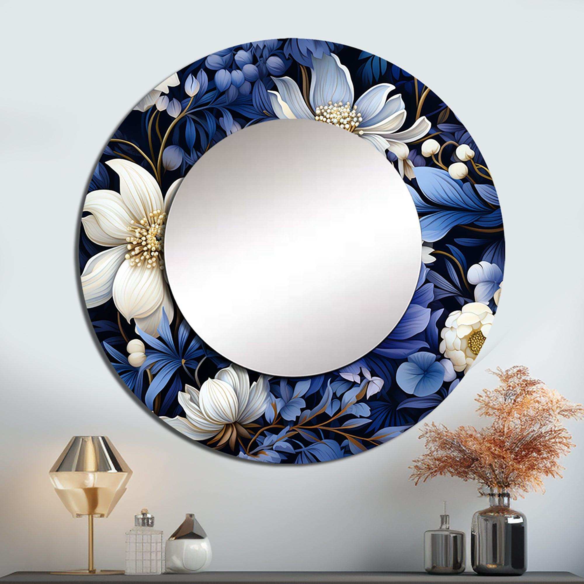 Deep Indigo Moonlit Flowers - Floral Wall Mirror