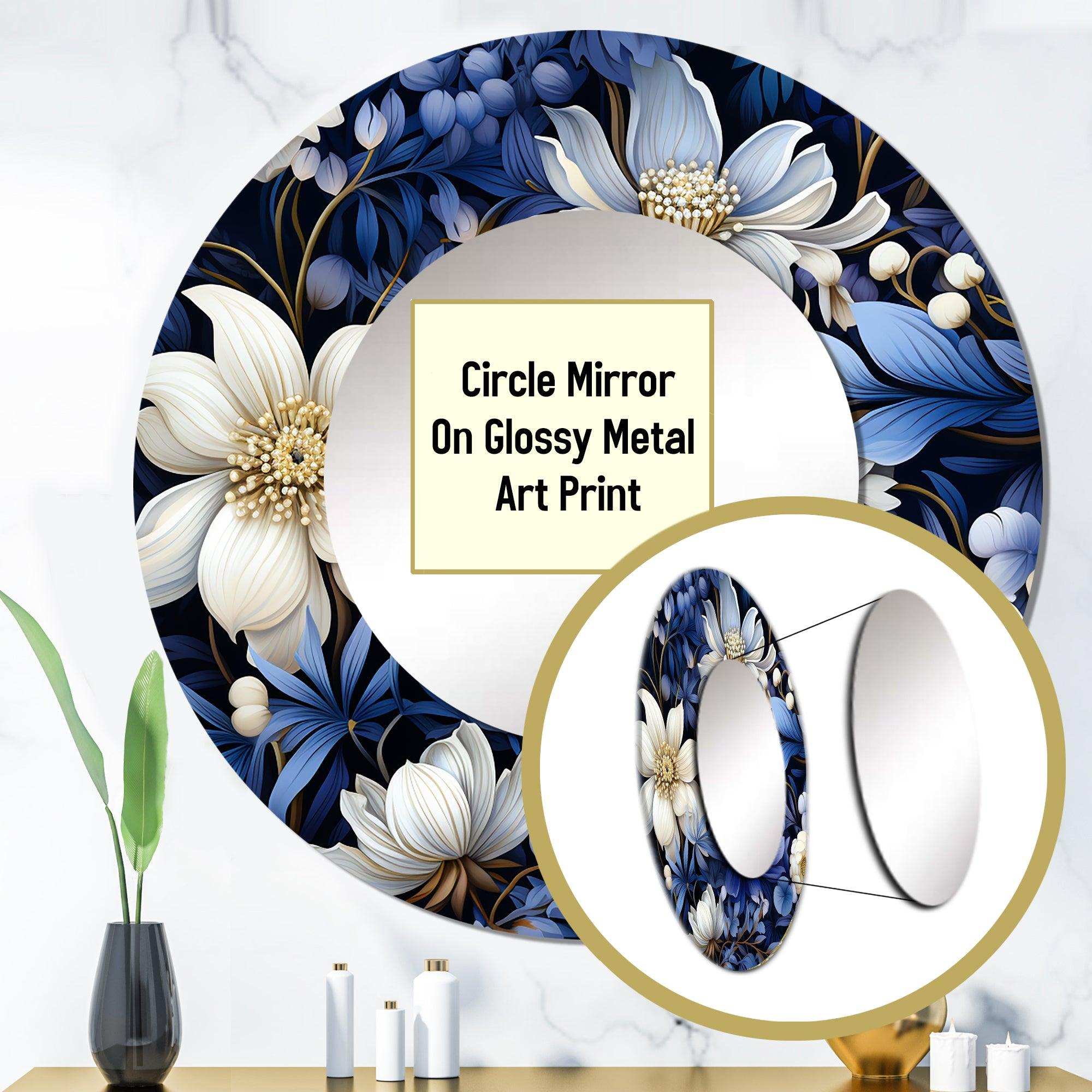 Deep Indigo Moonlit Flowers - Floral Wall Mirror