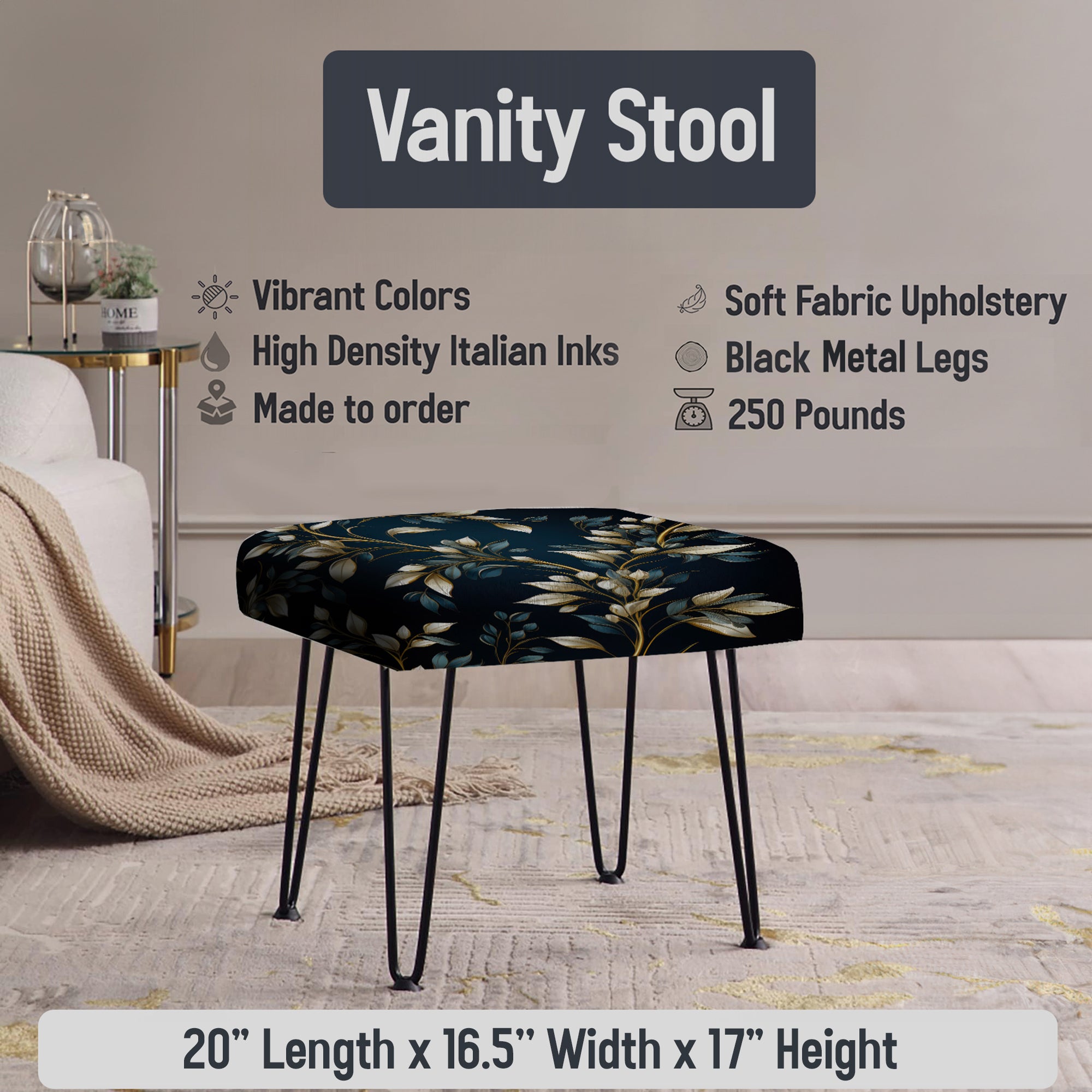 Coastal Flamingo Fusion Coastal Pattern - Upholstered Floral Vanity Stool - Tropical Ottoman