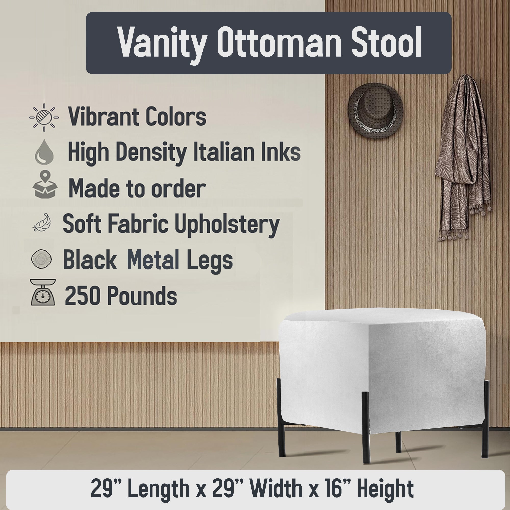 Grey Beige And Orange Farmhouse Floral Pattern - Upholstered Floral Vanity Stool