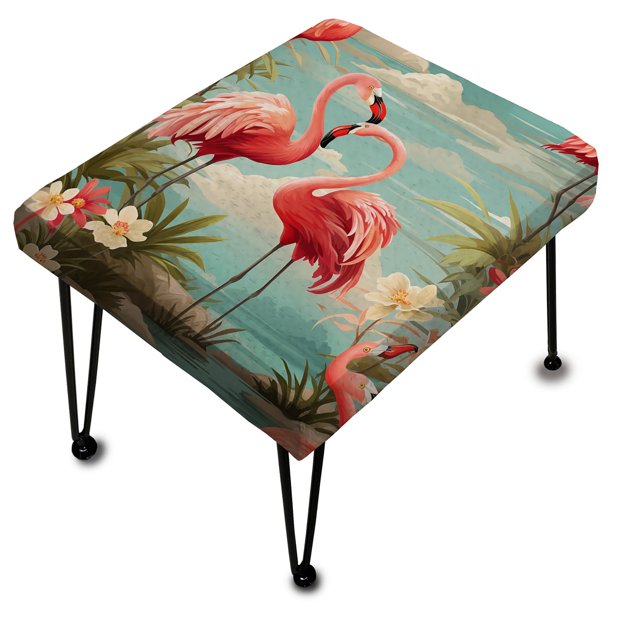 Coastal Flamingo Fusion Coastal Pattern - Upholstered Floral Vanity Stool - Tropical Ottoman