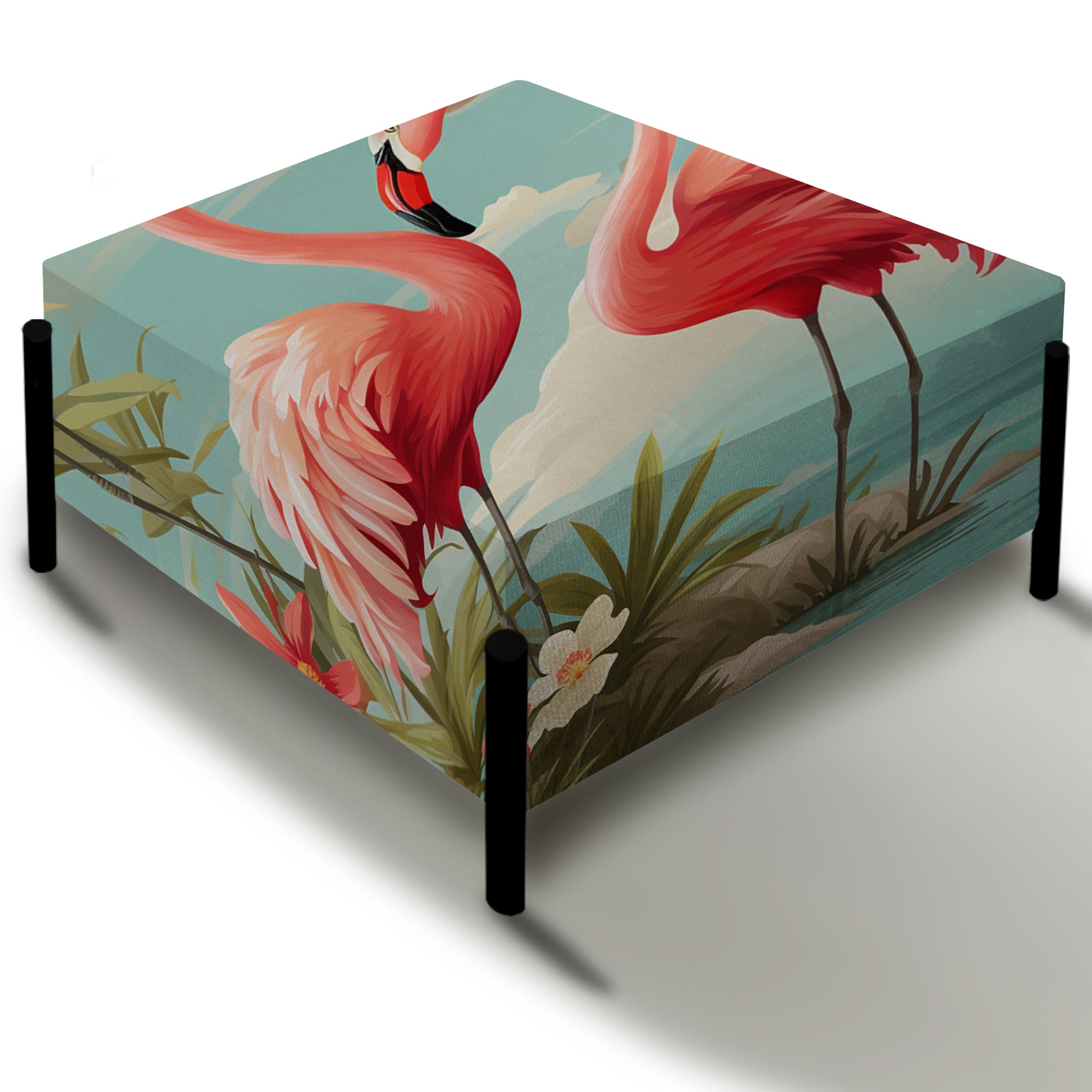 Coastal Flamingo Fusion Coastal Pattern - Upholstered Floral Vanity Stool - Tropical Ottoman