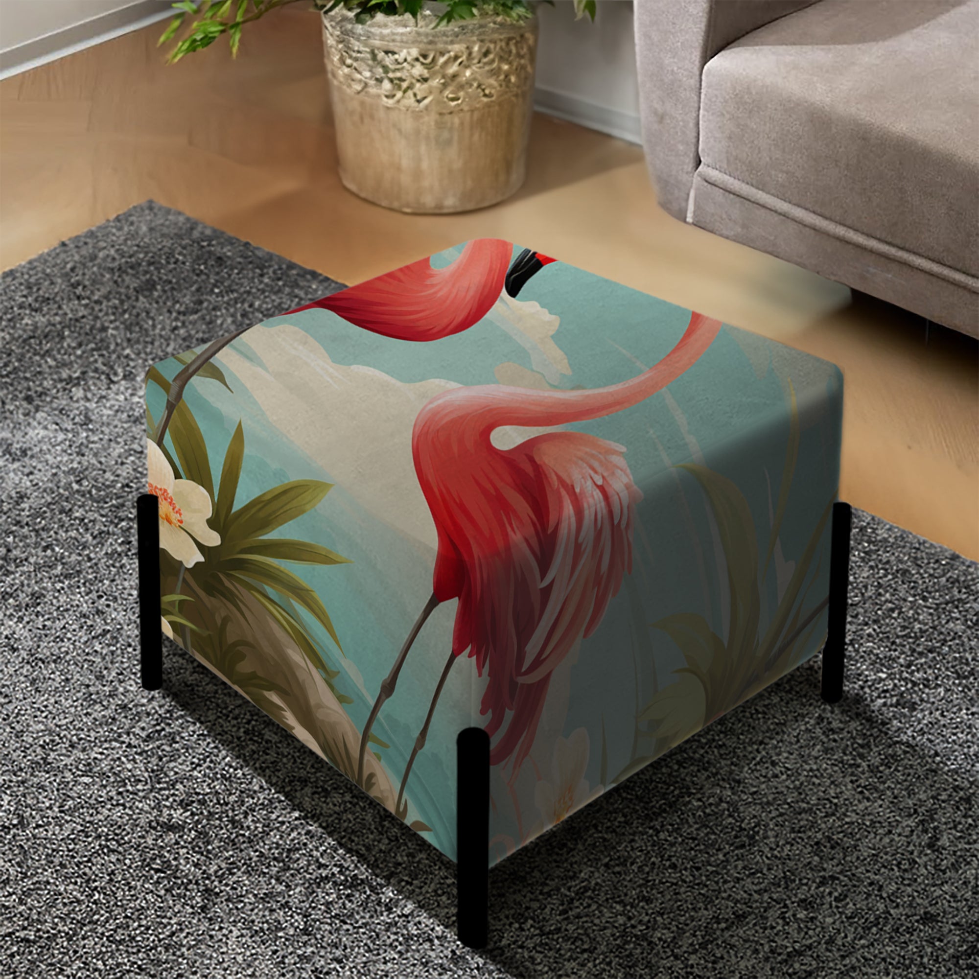 Coastal Flamingo Fusion Coastal Pattern - Upholstered Floral Vanity Stool - Tropical Ottoman