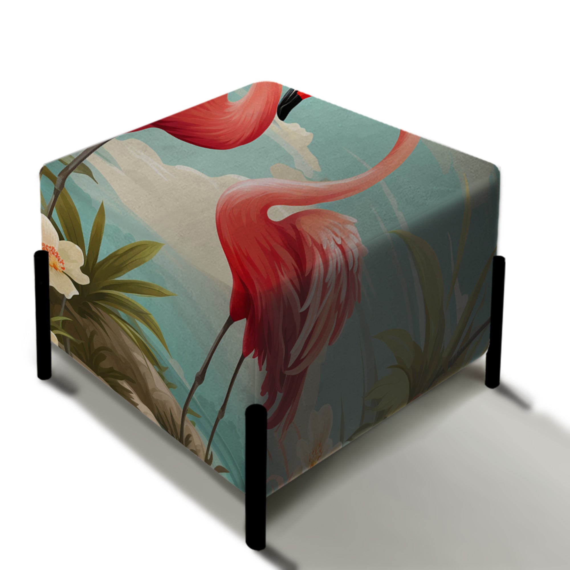 Coastal Flamingo Fusion Coastal Pattern - Upholstered Floral Vanity Stool - Tropical Ottoman
