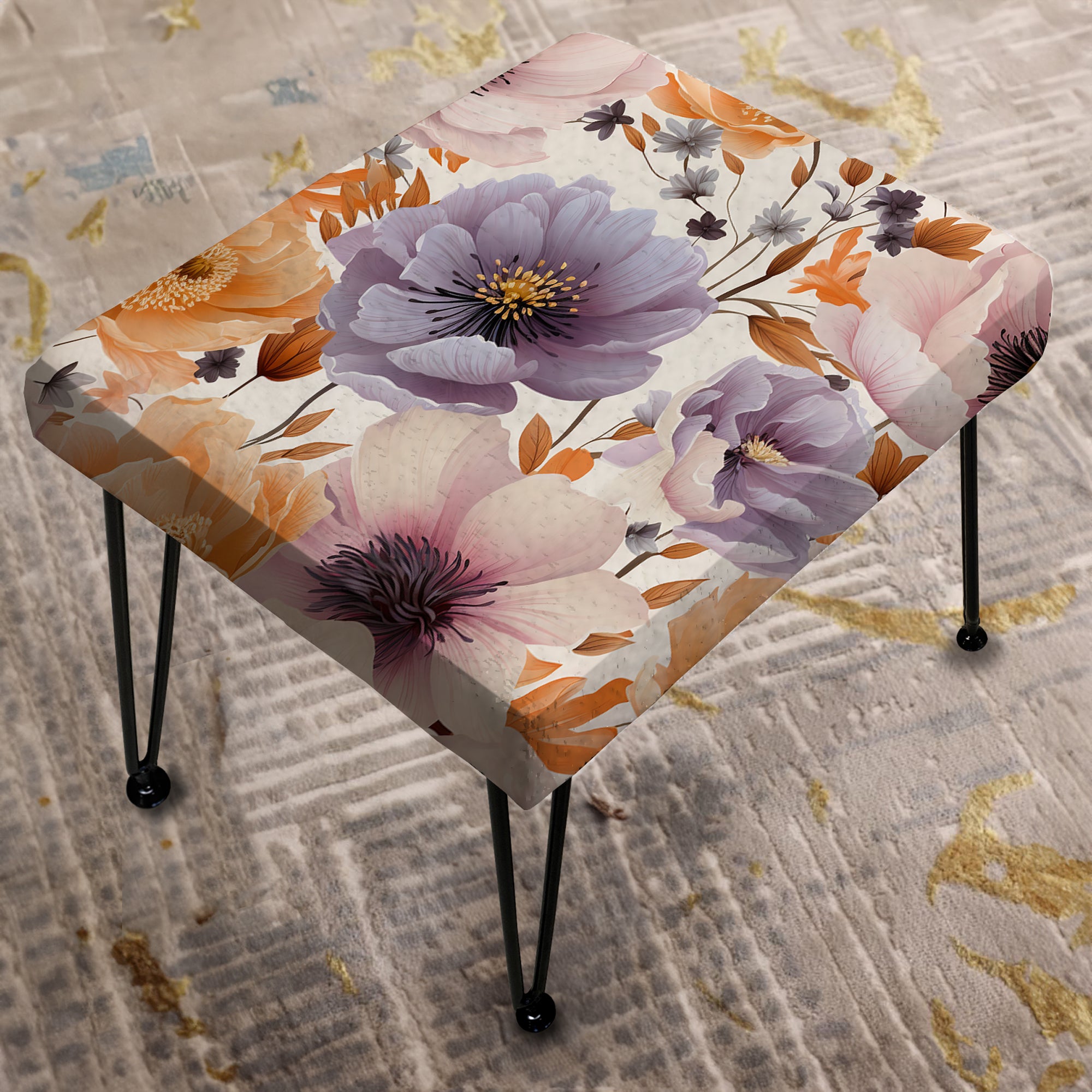 Purple And Beige Flower Garden Sunshine - Upholstered Floral Vanity Stool