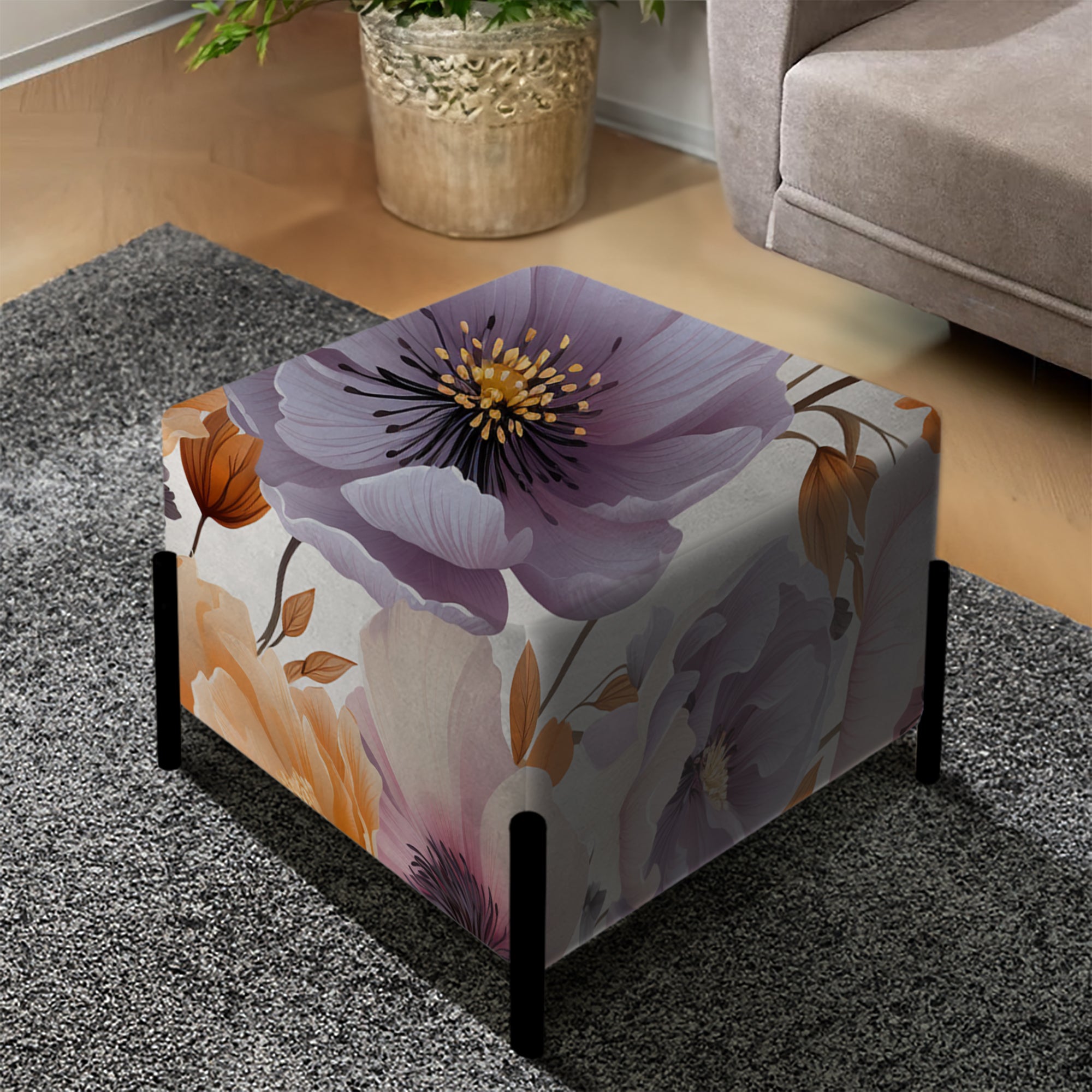 Purple And Beige Flower Garden Sunshine - Upholstered Floral Vanity Stool