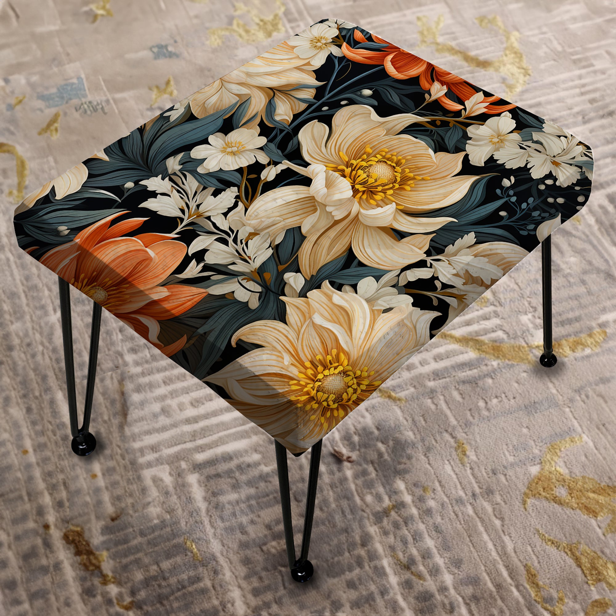 Grey Beige And Orange Farmhouse Floral Pattern - Upholstered Floral Vanity Stool