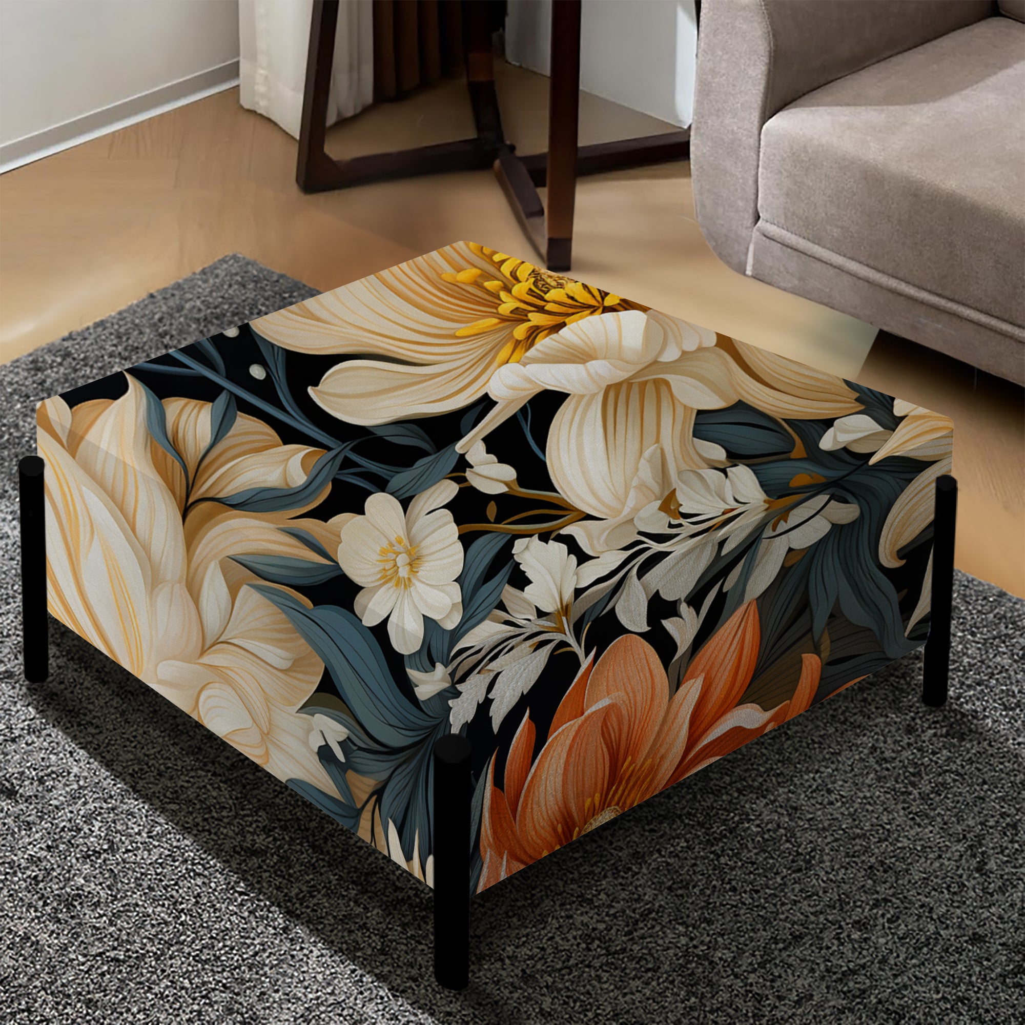 Grey Beige And Orange Farmhouse Floral Pattern - Upholstered Floral Vanity Stool