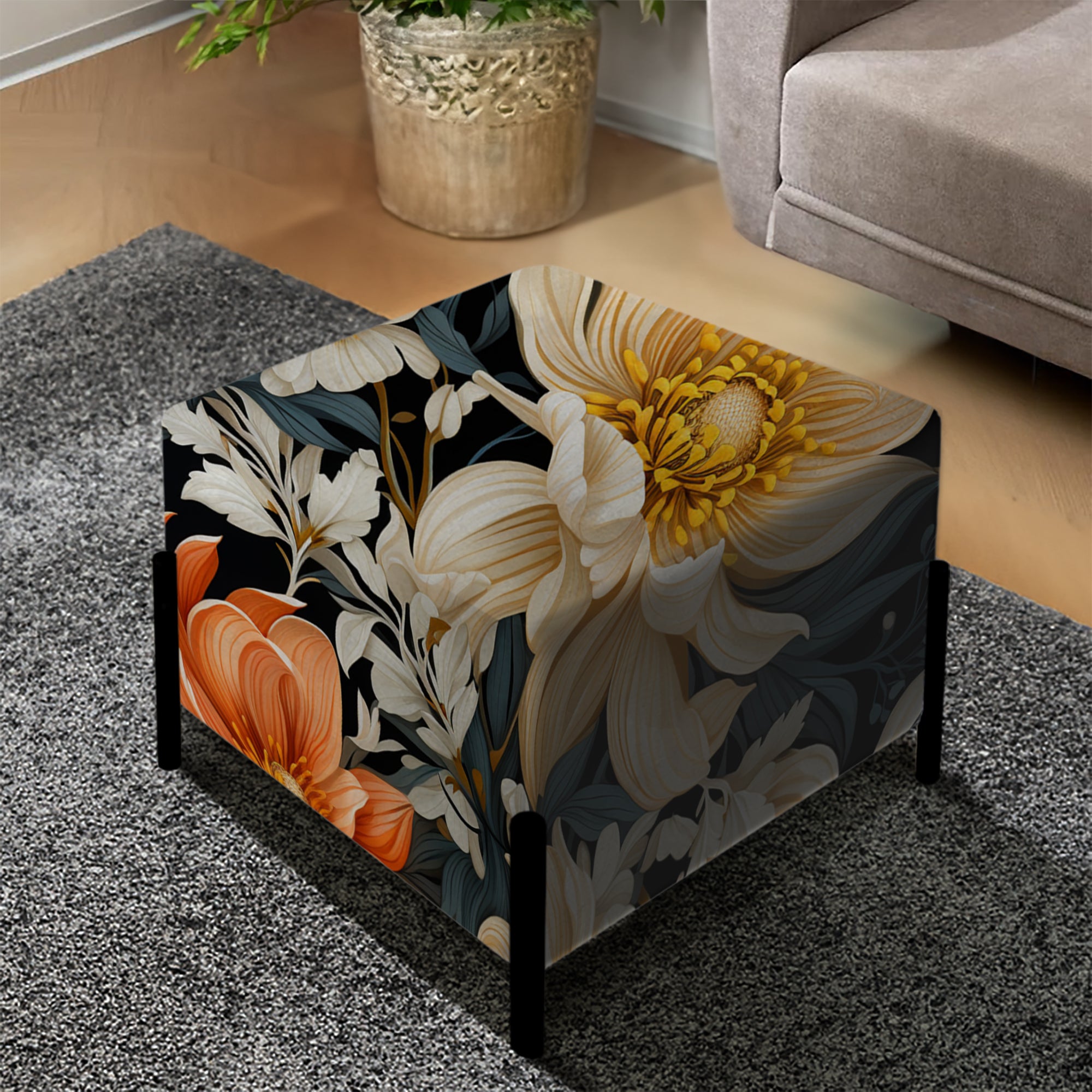 Grey Beige And Orange Farmhouse Floral Pattern - Upholstered Floral Vanity Stool