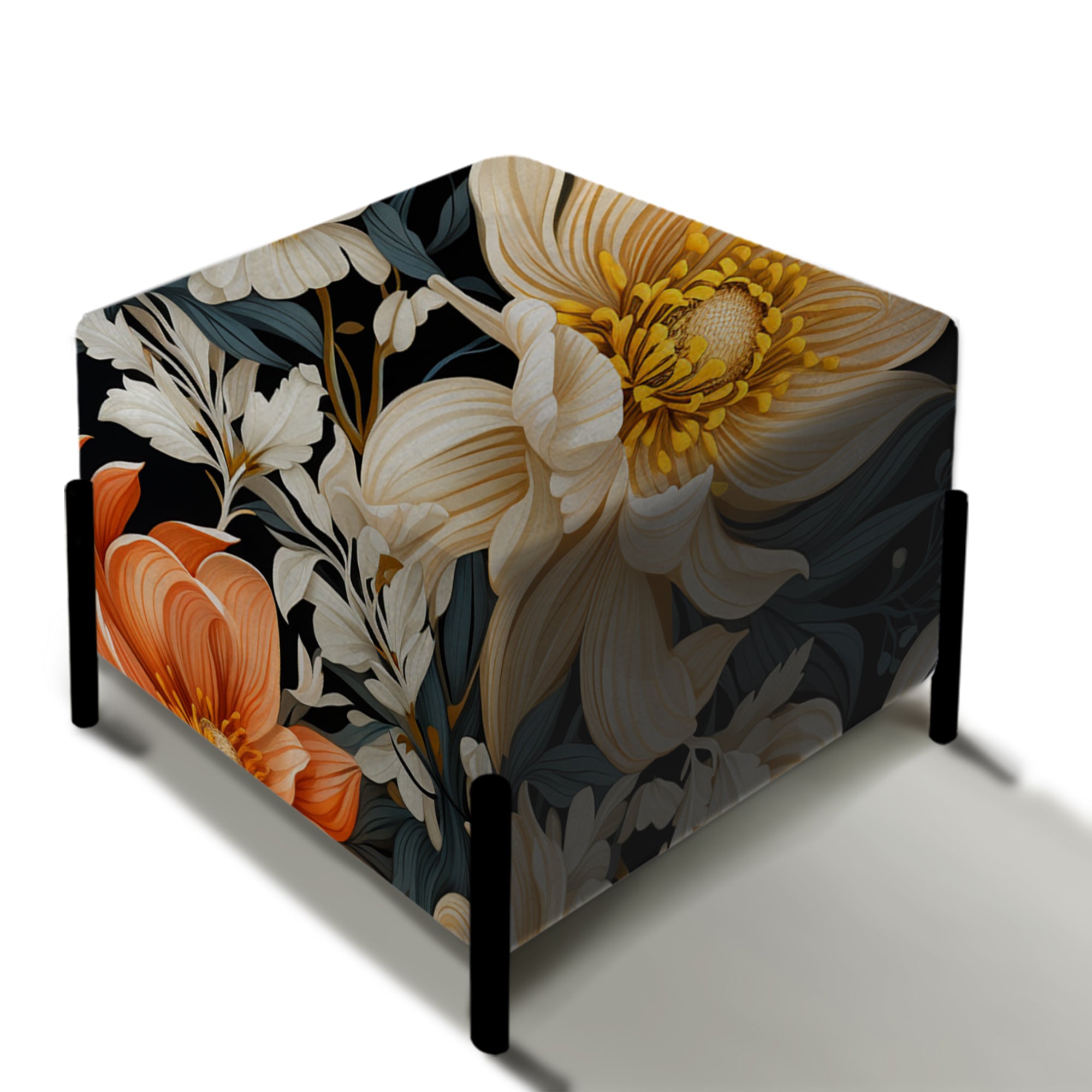 Grey Beige And Orange Farmhouse Floral Pattern - Upholstered Floral Vanity Stool