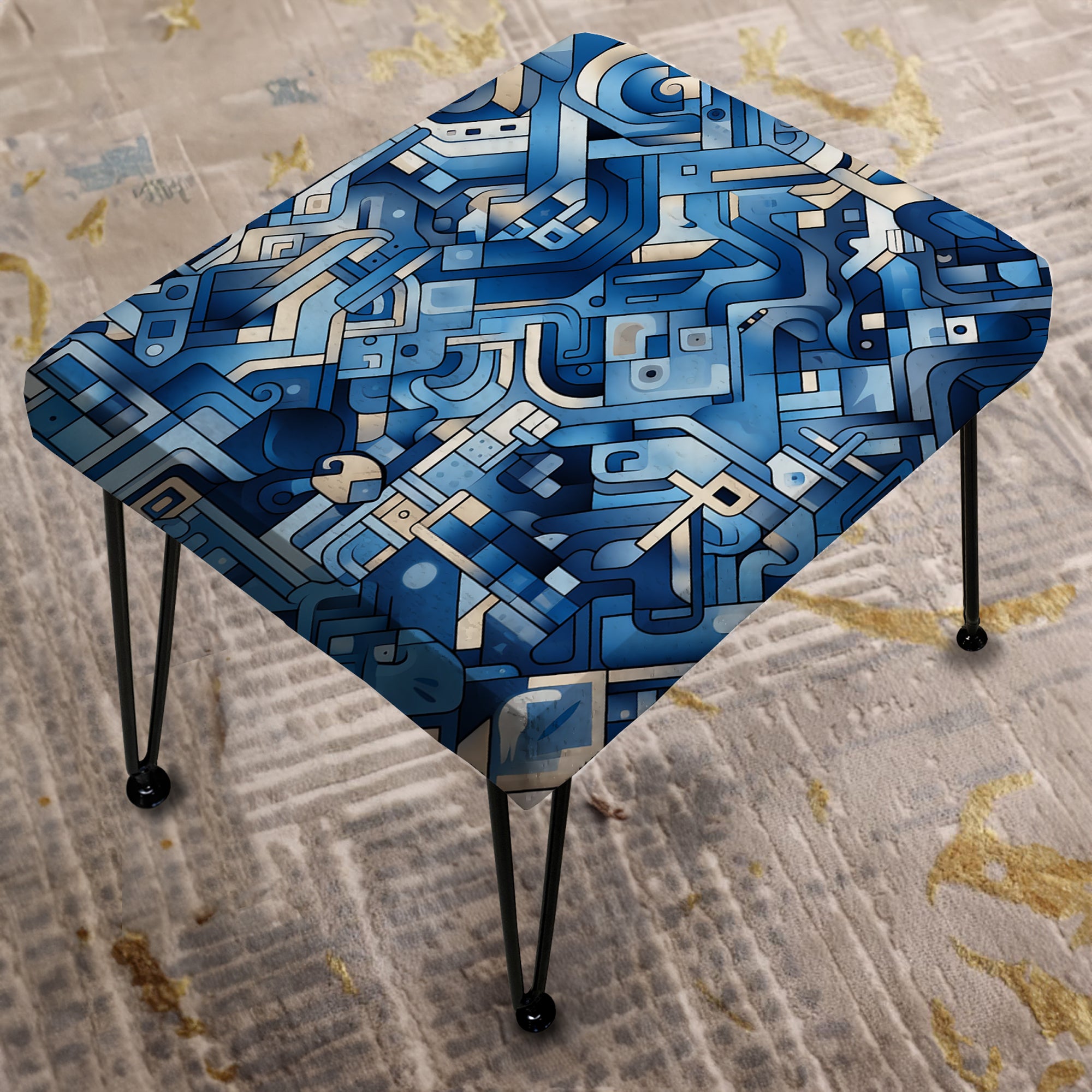Boho Cobalt Tessellations Geometric - Upholstered Geometric Vanity Stool - Modern Ottoman