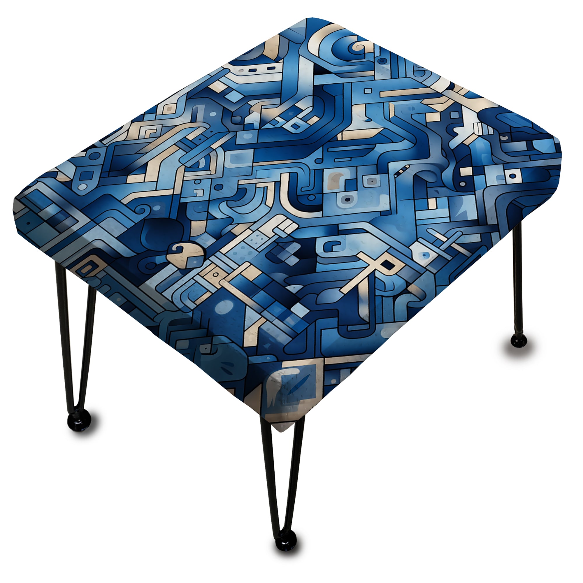 Boho Cobalt Tessellations Geometric - Upholstered Geometric Vanity Stool - Modern Ottoman