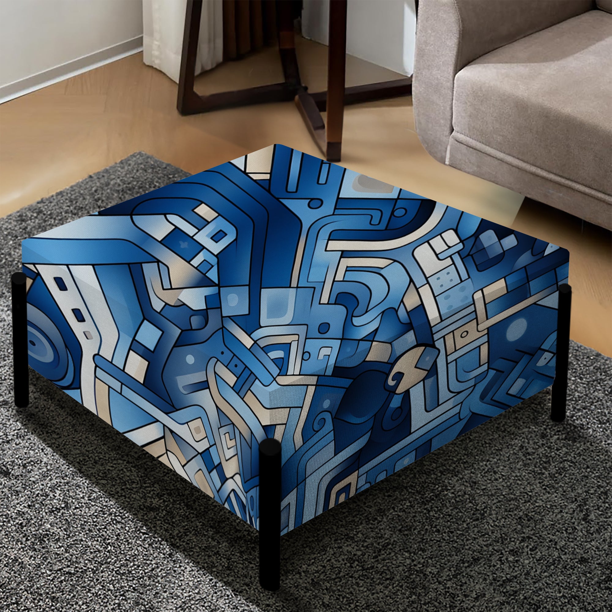 Boho Cobalt Tessellations Geometric - Upholstered Geometric Vanity Stool - Modern Ottoman