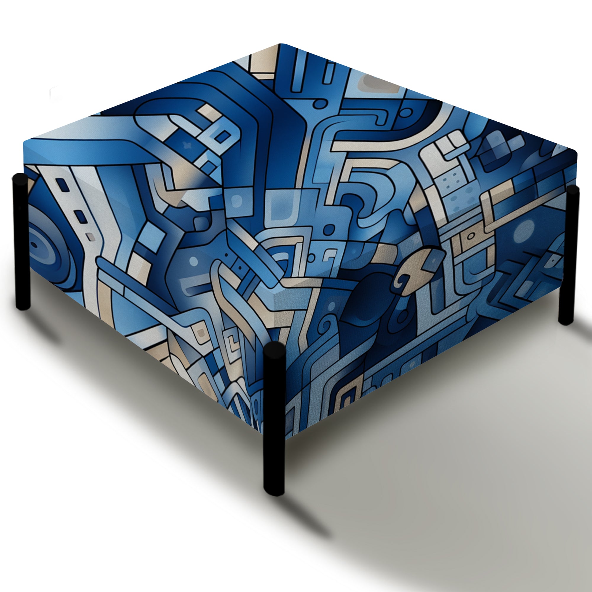 Boho Cobalt Tessellations Geometric - Upholstered Geometric Vanity Stool - Modern Ottoman
