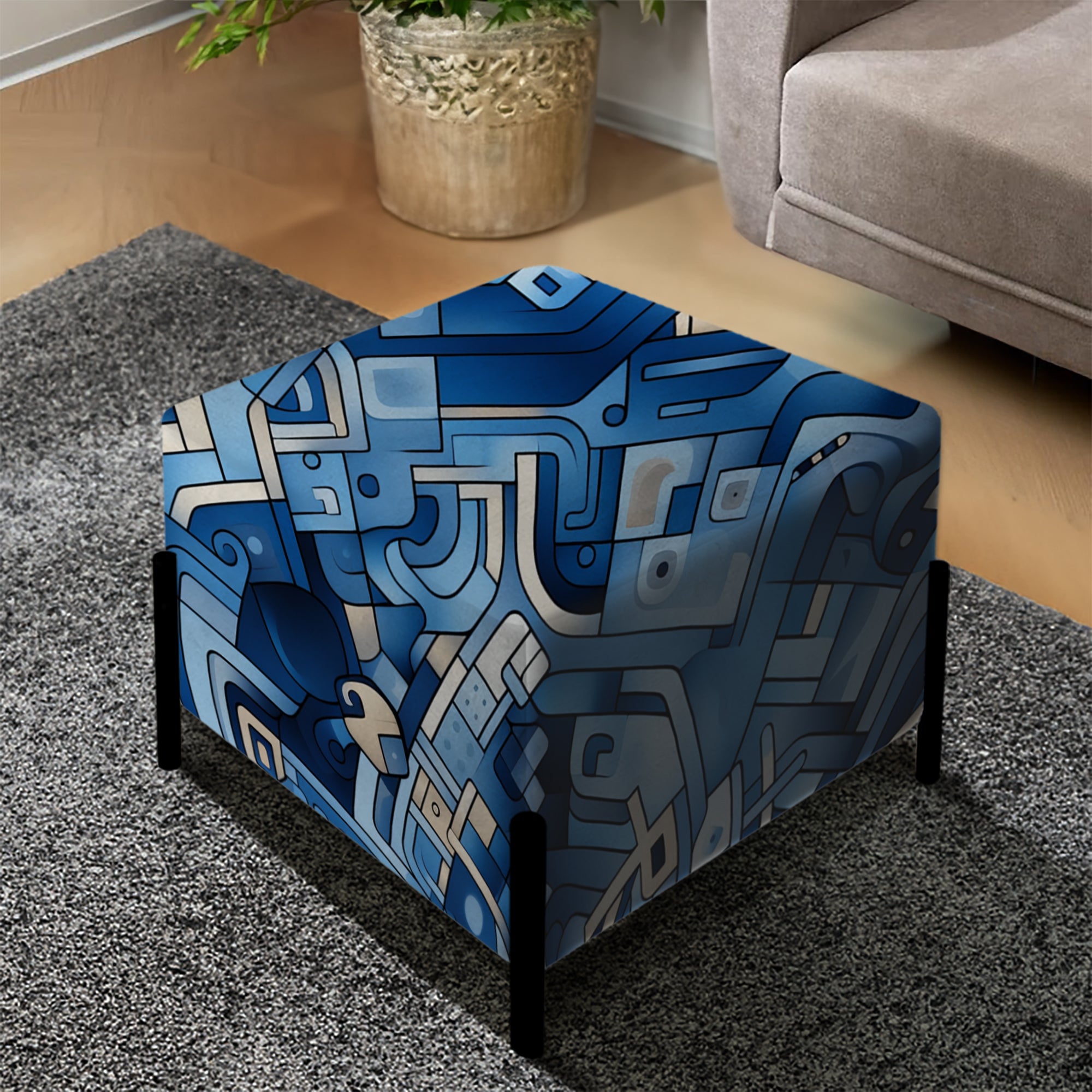 Boho Cobalt Tessellations Geometric - Upholstered Geometric Vanity Stool - Modern Ottoman